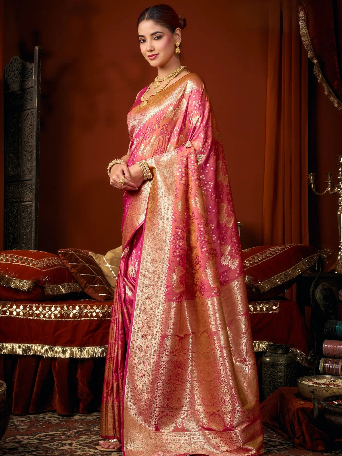 Tarani premium pink self jacquard soft silk saree side view highlighting zari woven pallu