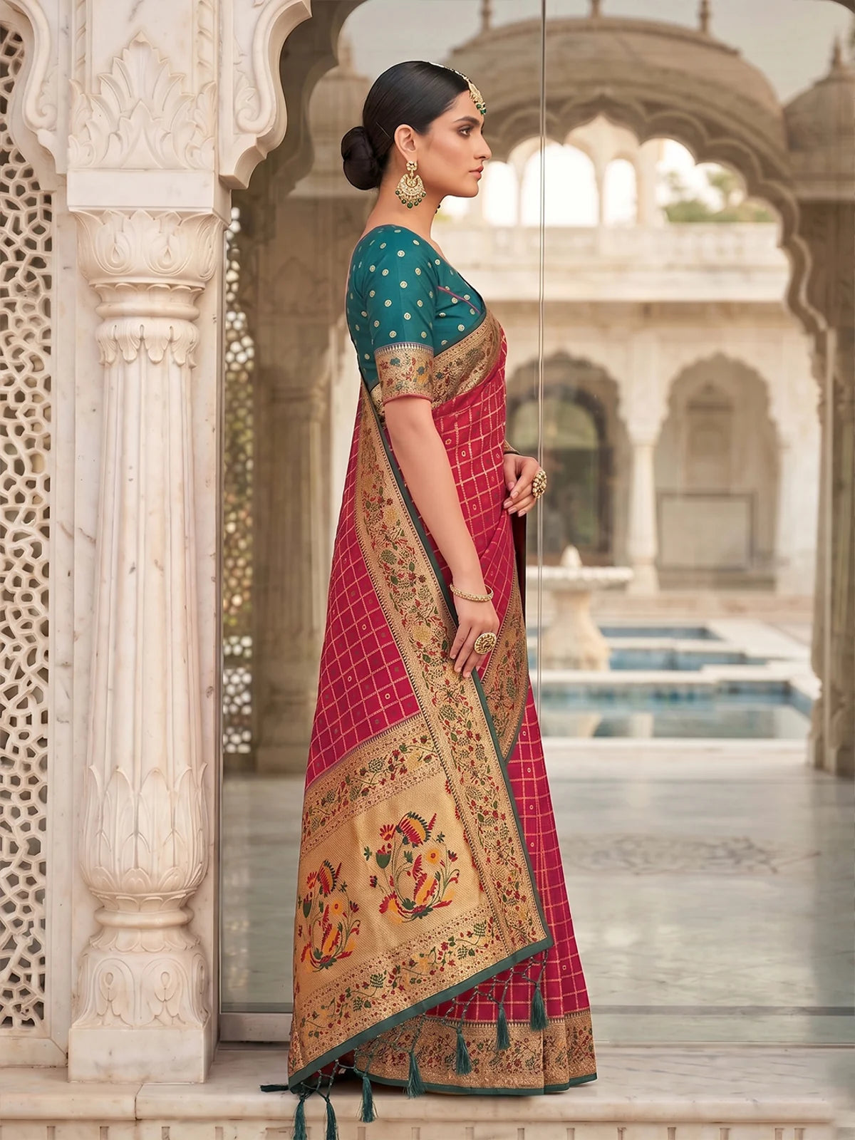Tarani pink Banarasi silk saree side profile showing woven border