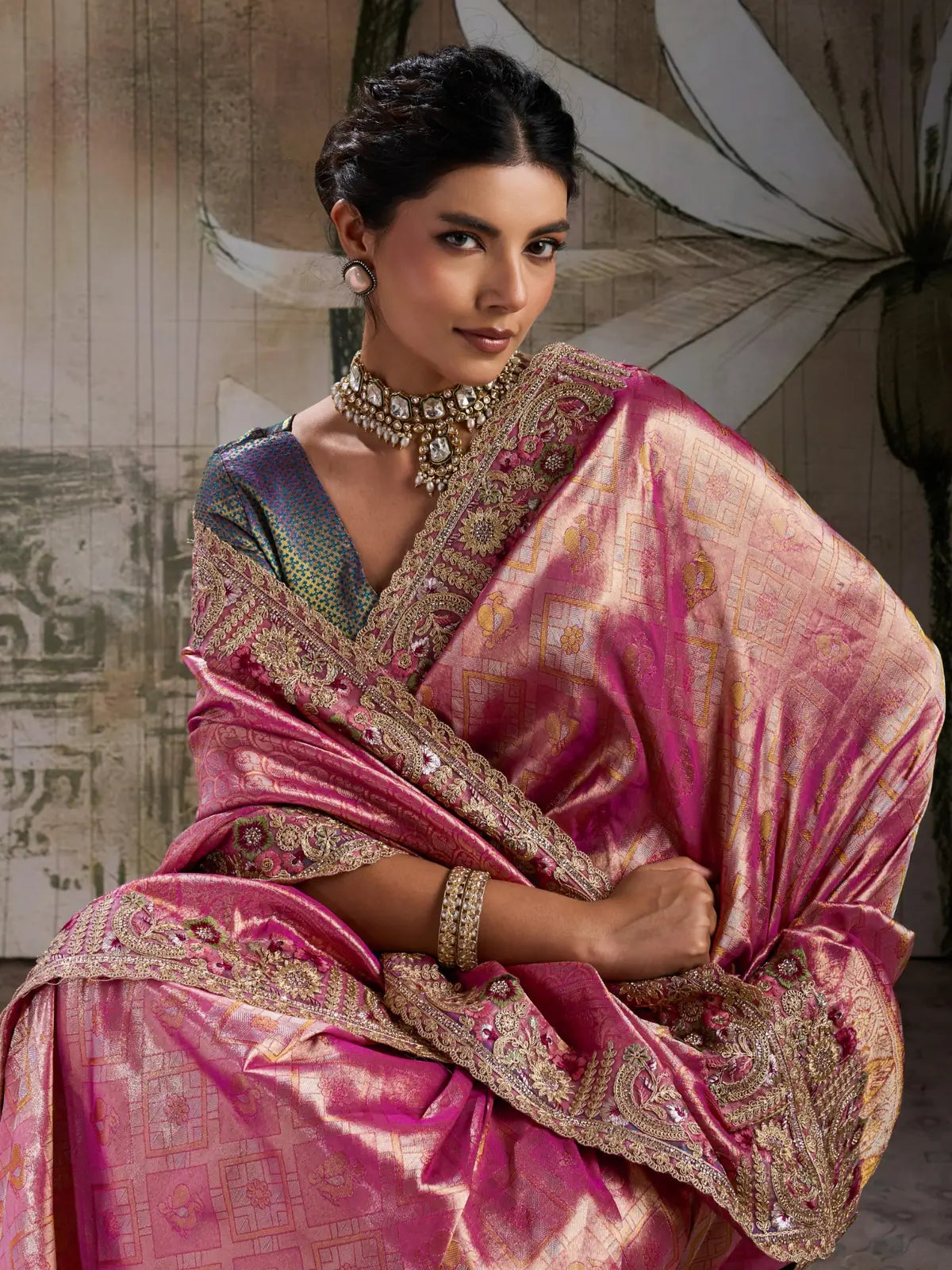 Tarani pink Banarasi jacquard silk saree with embroidered border and brocade blouse upper-body-view