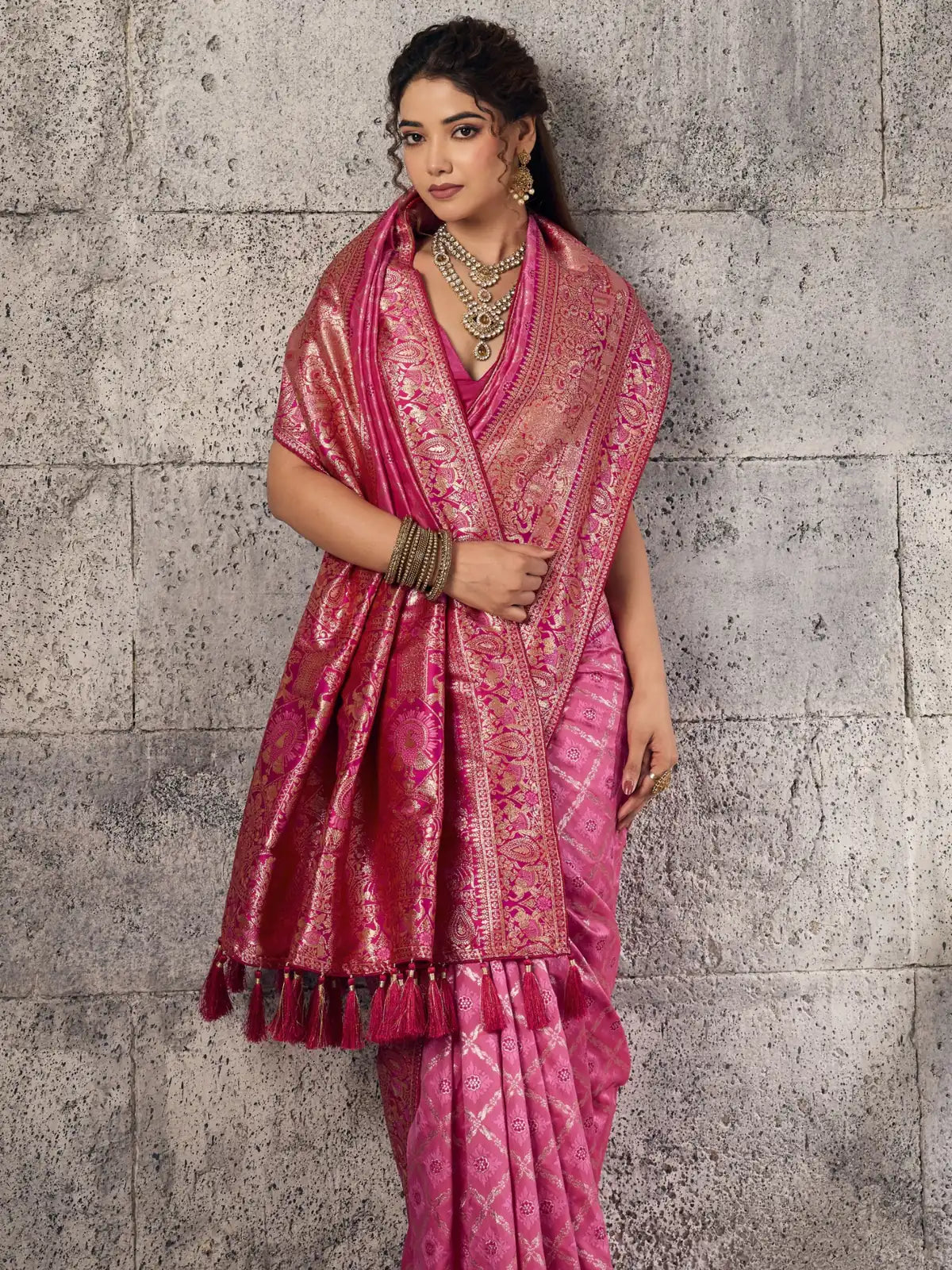 Tarani pink Banarasi silk saree upper-body-view showcasing zari border and pallu