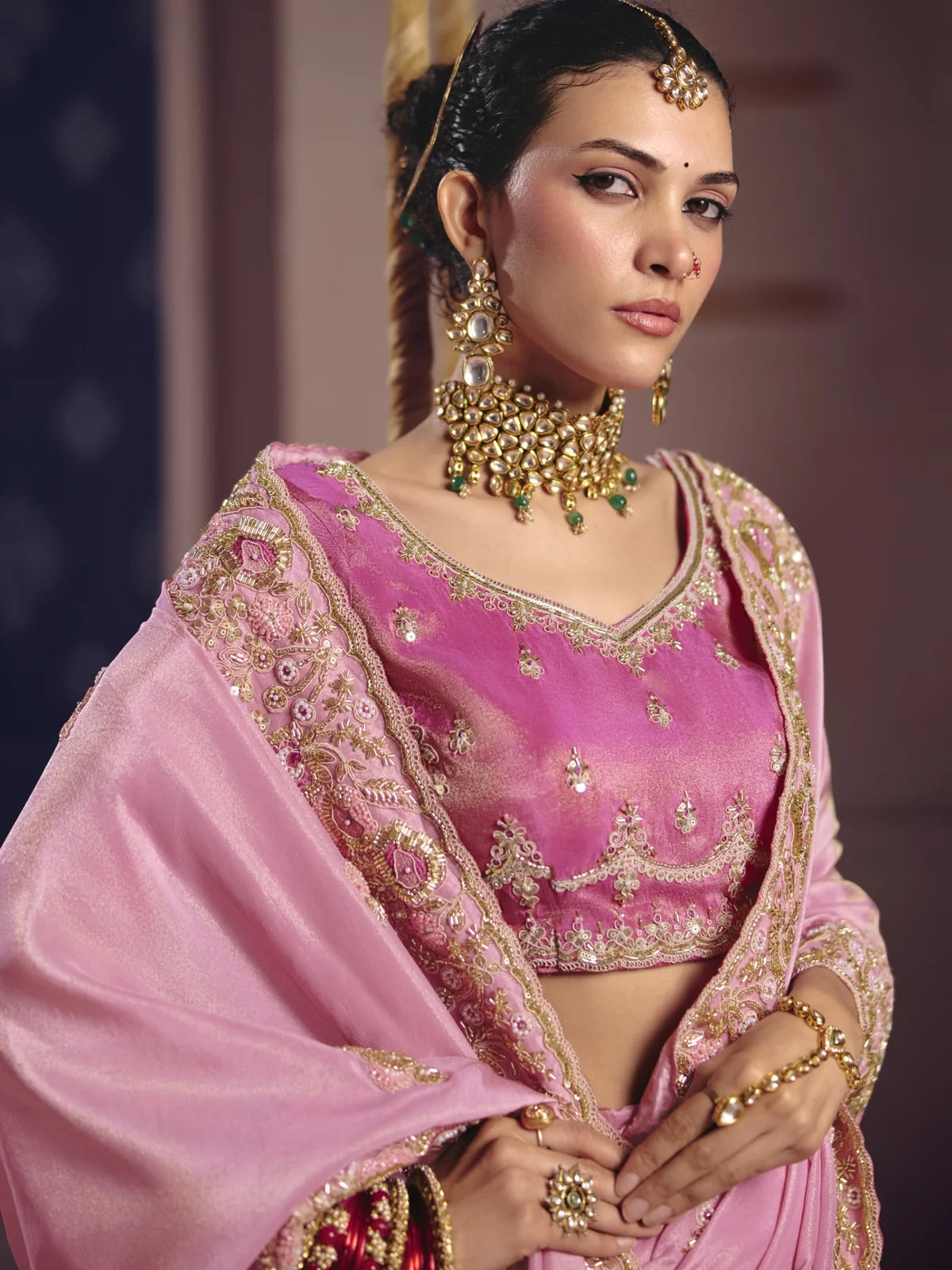 Tarani pink embroidered viscose zari tissue silk saree upper body view with designer blouse