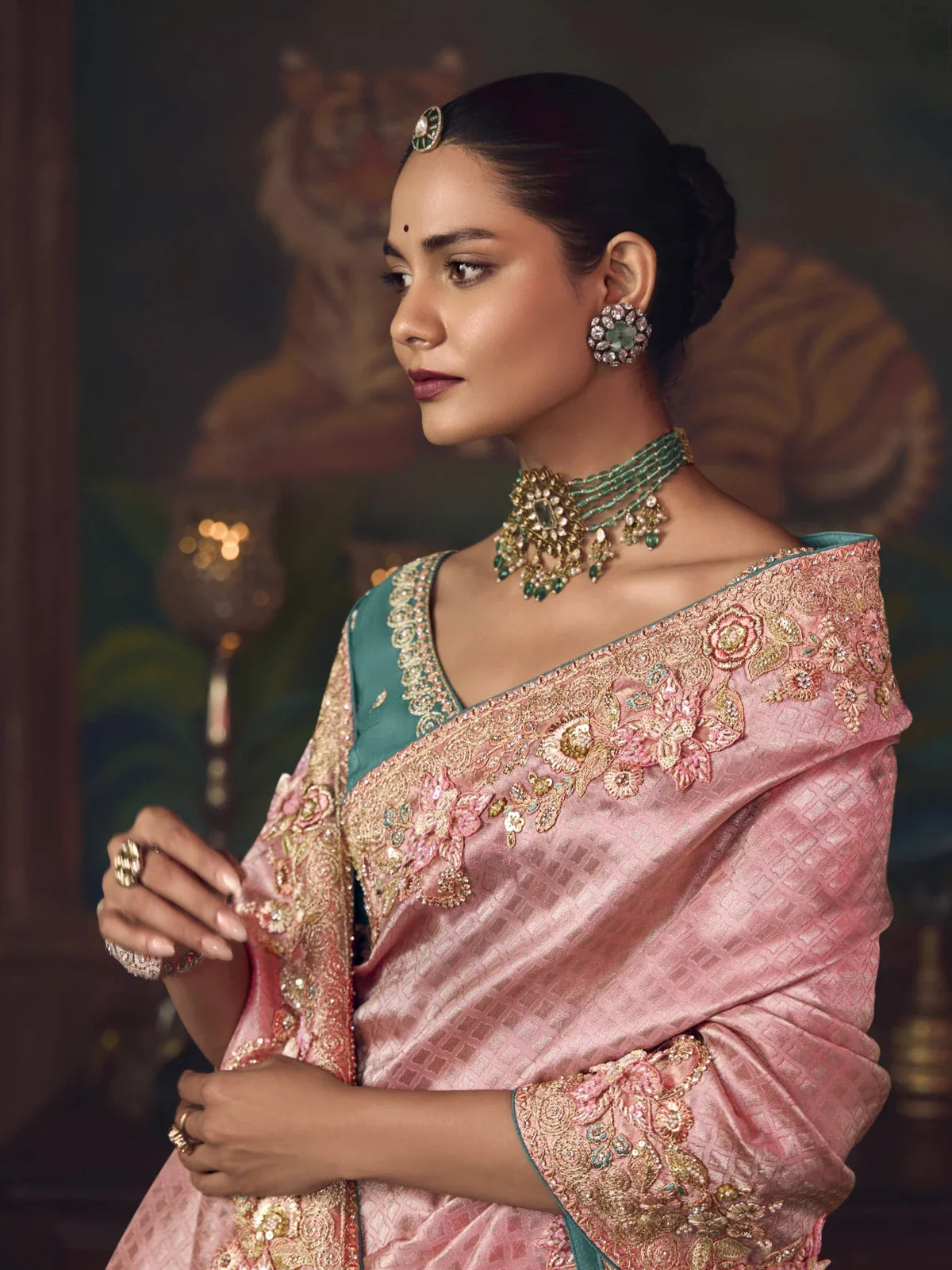 Tarani pink embroidered silk saree closeup of upper body and pallu with matching blouse design