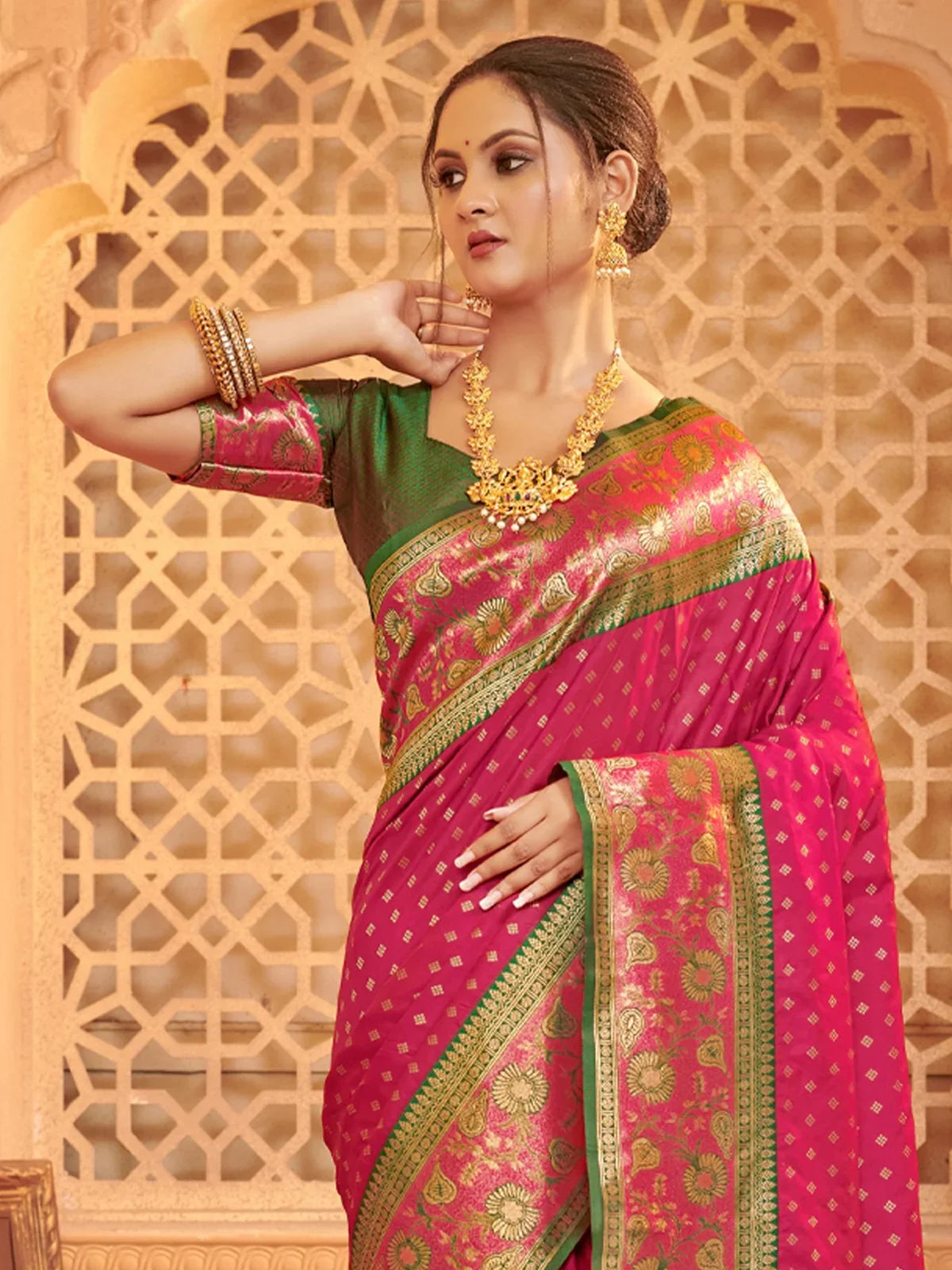 Tarani pink silk saree upper body view with elegant blouse and traditional jewellery