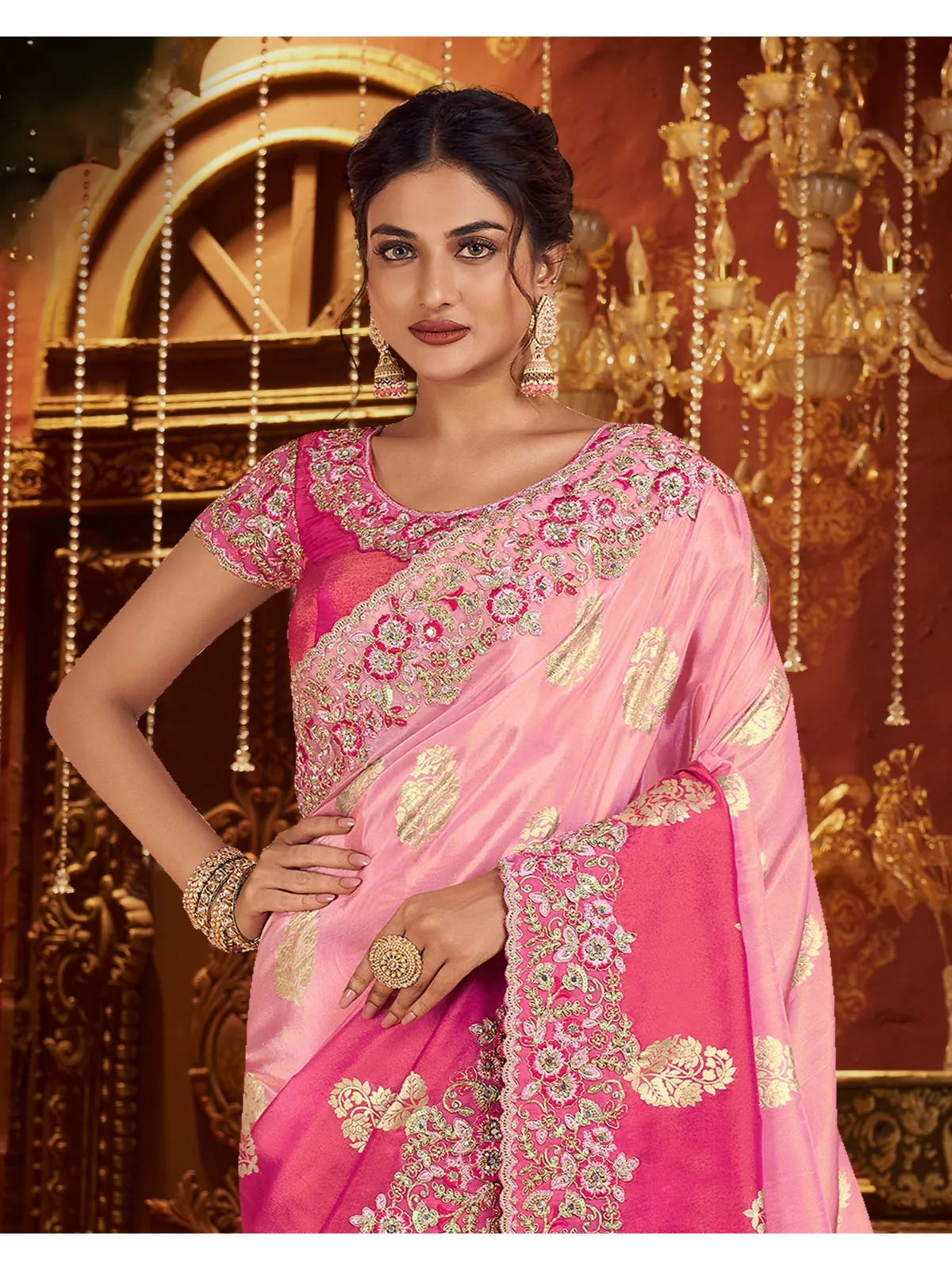 Tarani pink silk saree upper body view showing embroidered blouse and neckline