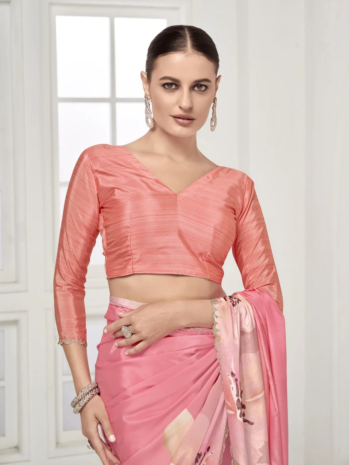 Tarani premium silk blouse in matching tone with soft shimmer texture and stylish V-neck