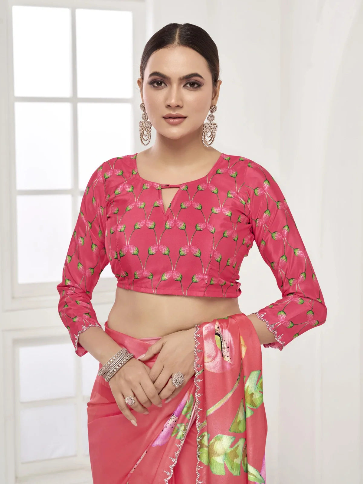 Tarani designer silk saree blouse in matching pink with floral digital print and full sleeve pattern