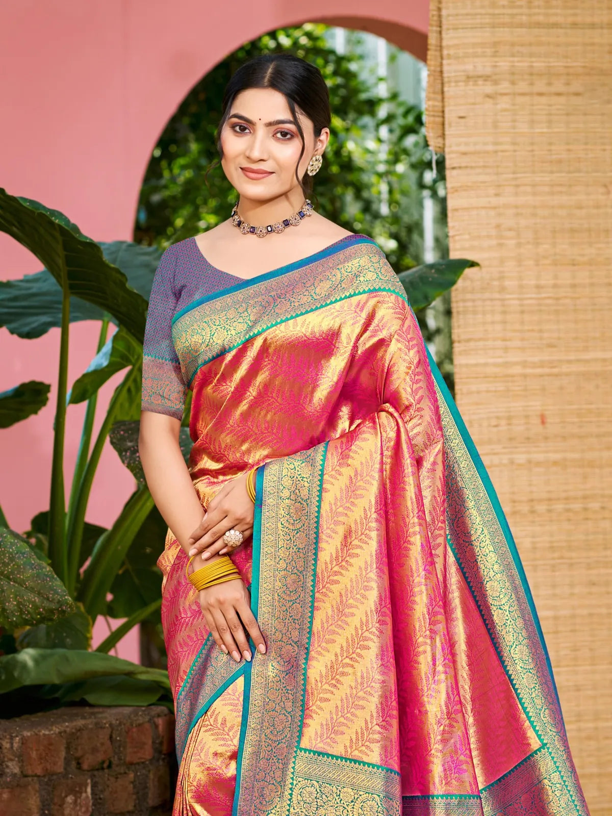 Tarani pink Kanjivaram silk saree upper body view styled with matching blouse