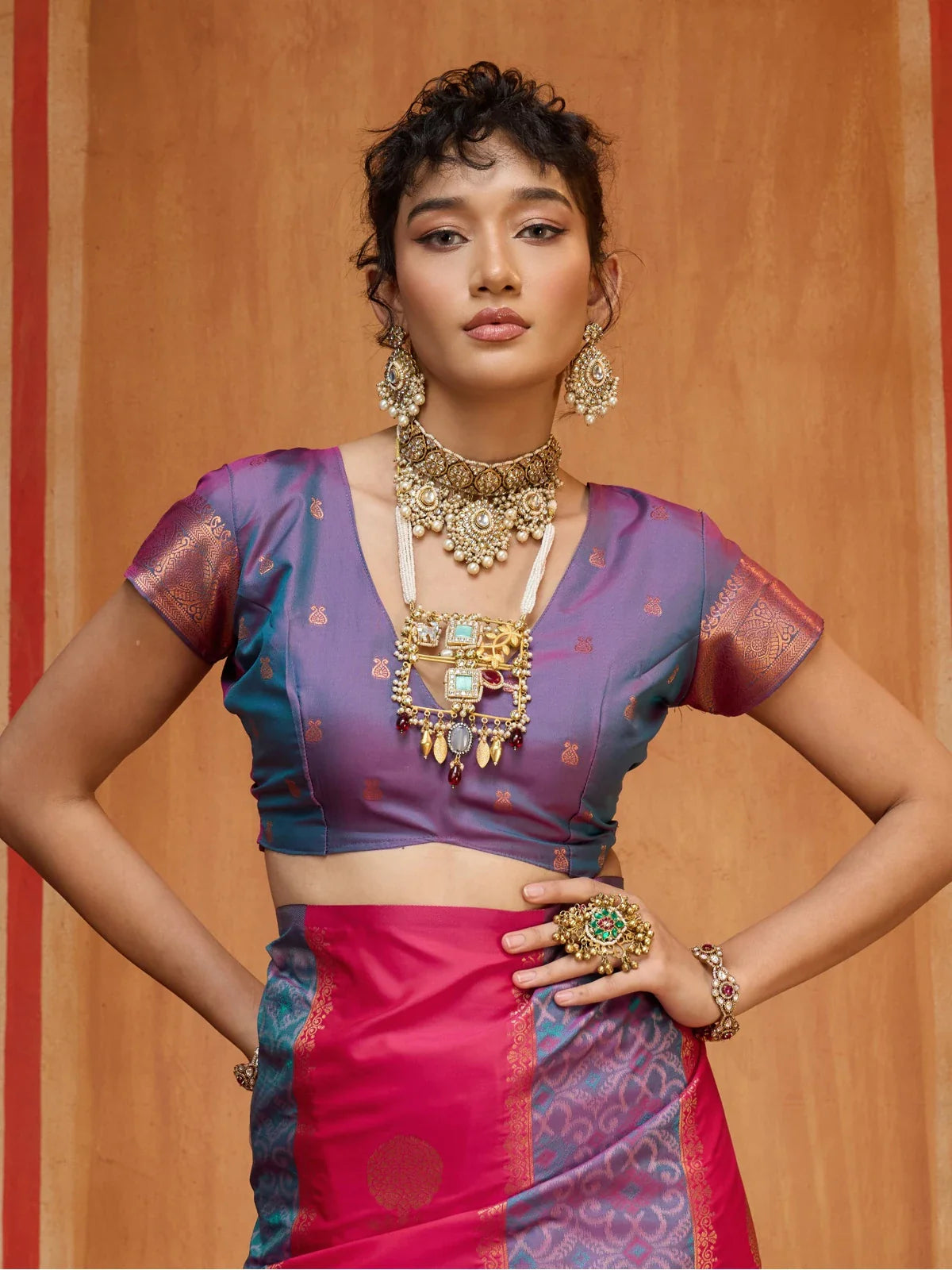 Tarani closeup of blouse and upper body pink silk saree with violet border