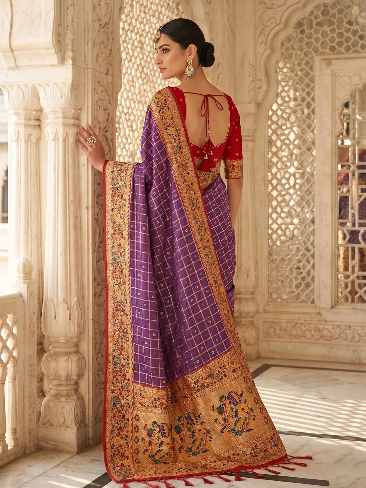 Tarani Kunjika purple Banarasi silk saree back view with designer blouse