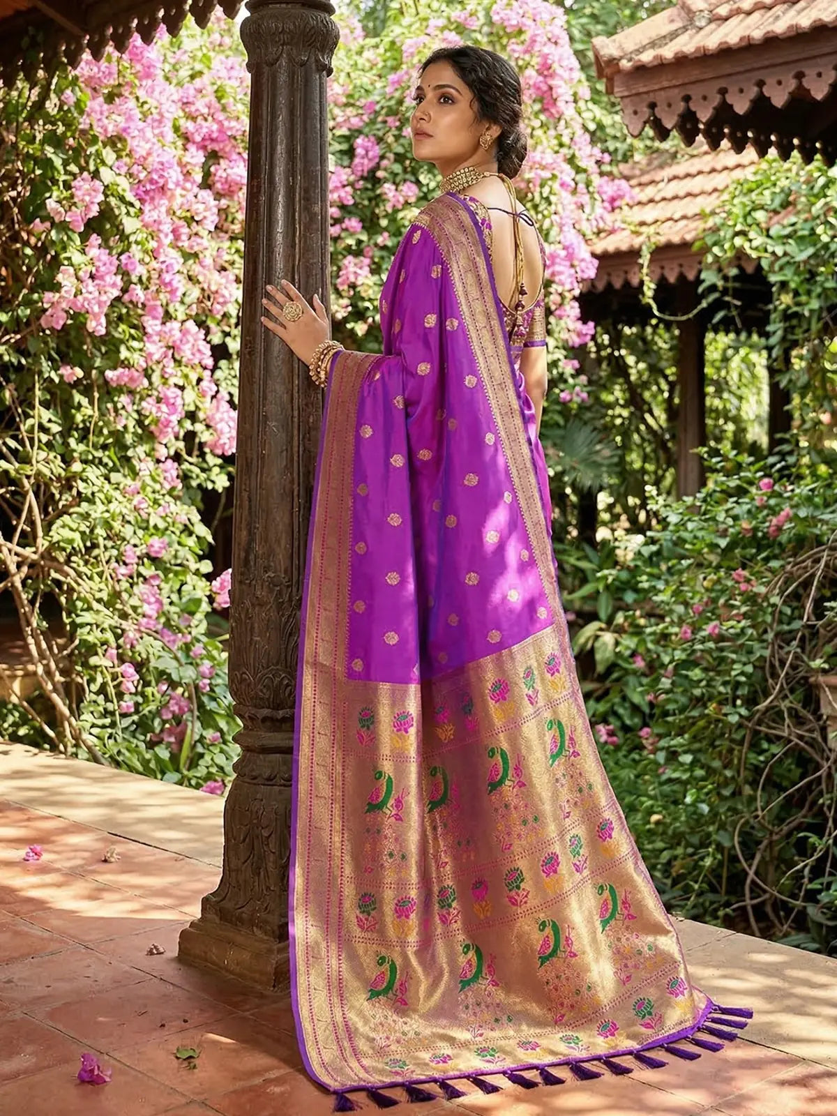 Tarani Aastha purple soft silk saree back view highlighting zari pallu and border