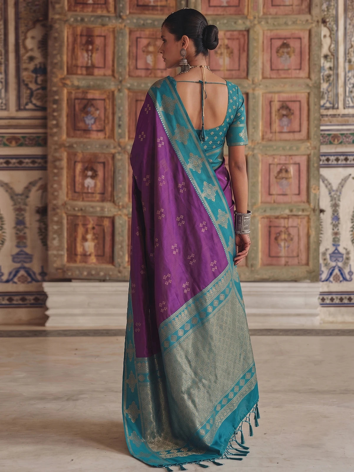 Tarani Kinjal premium soft silk purple saree back view showing blouse design and pallu