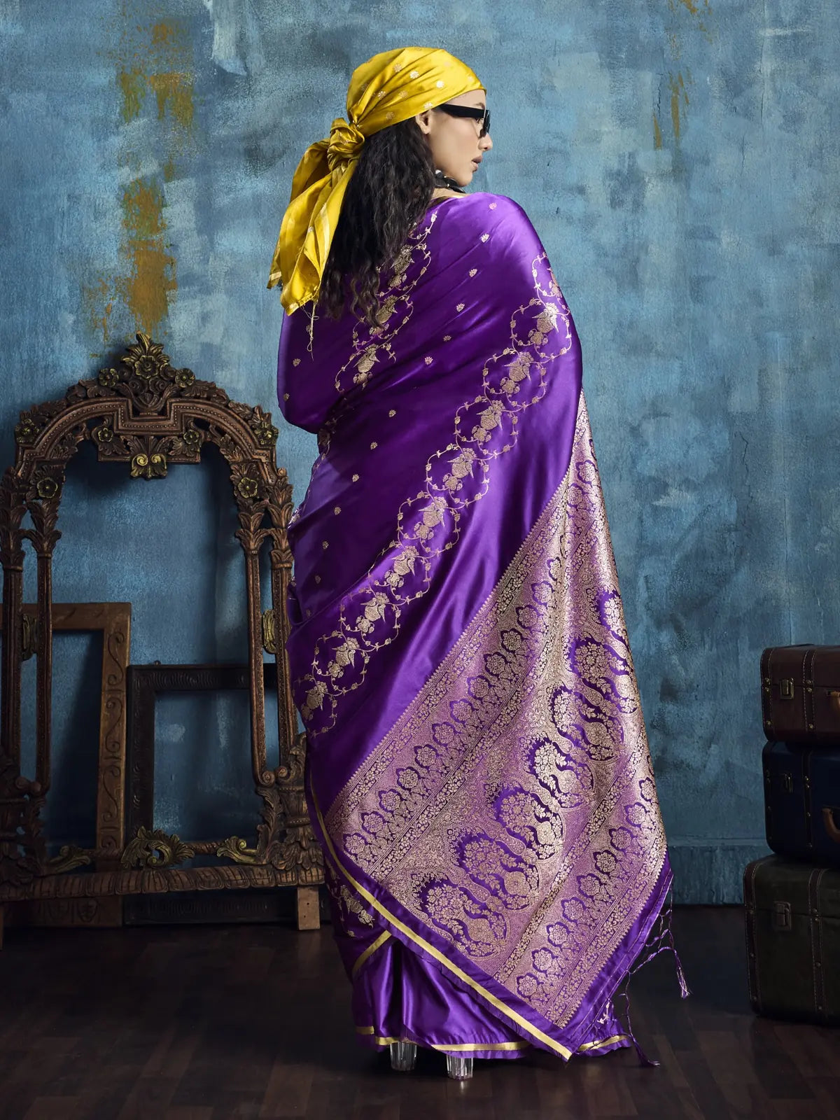 Tarani purple satin handloom weaving silk saree back view with rich woven pallu