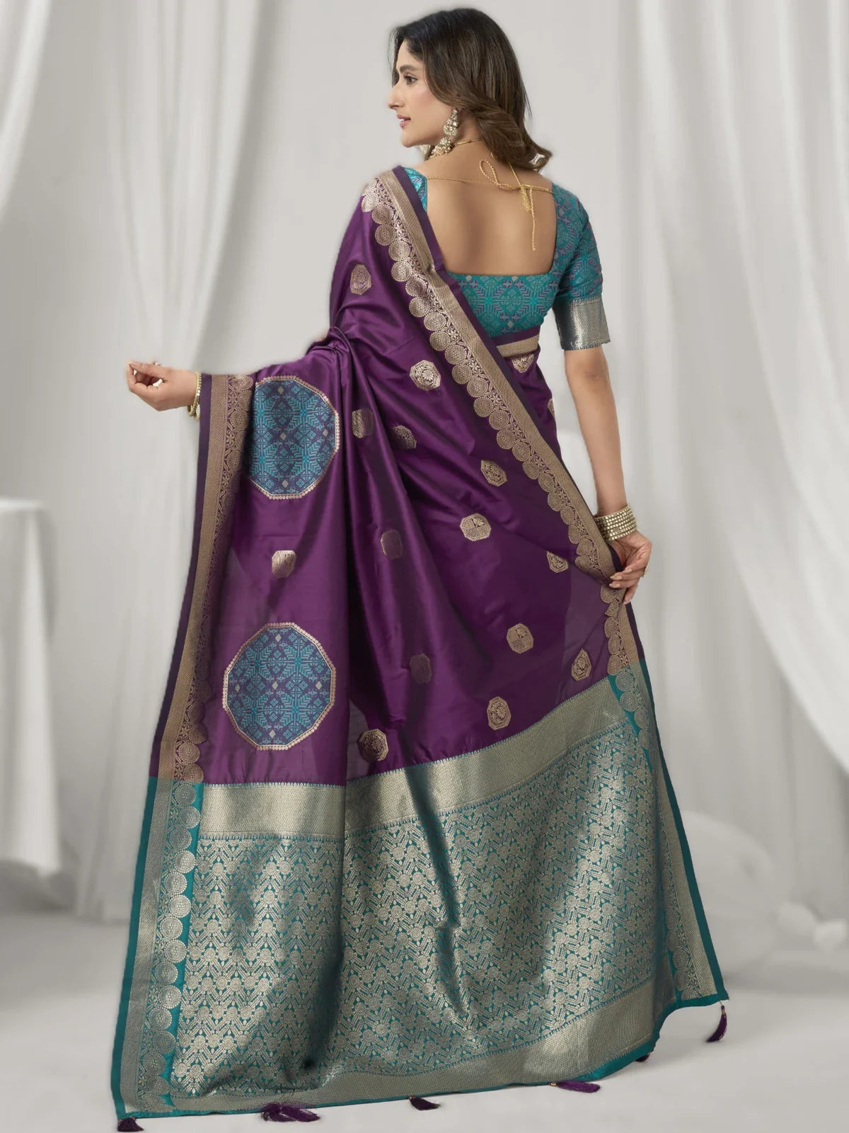 Tarani purple saree drape view from back with detailed blouse design