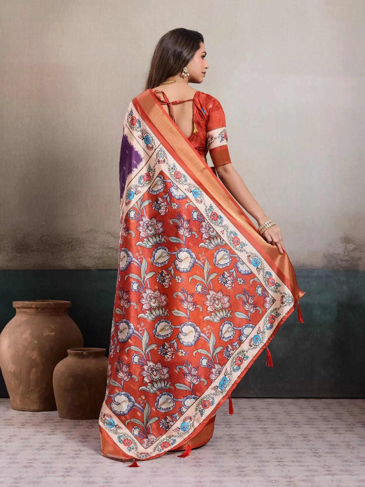 Tarani silk saree back view showing full printed pallu drape
