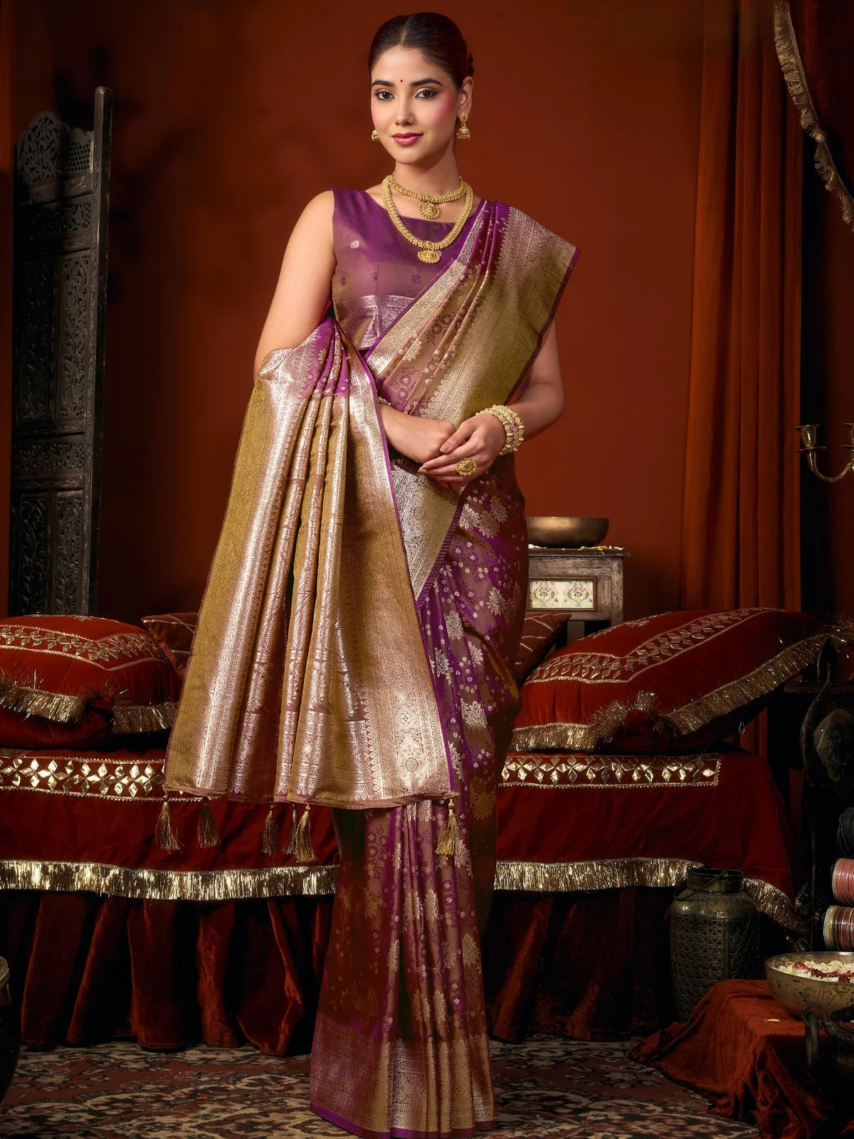 Tarani premium purple jacquard soft silk saree with rich zari weaving front view