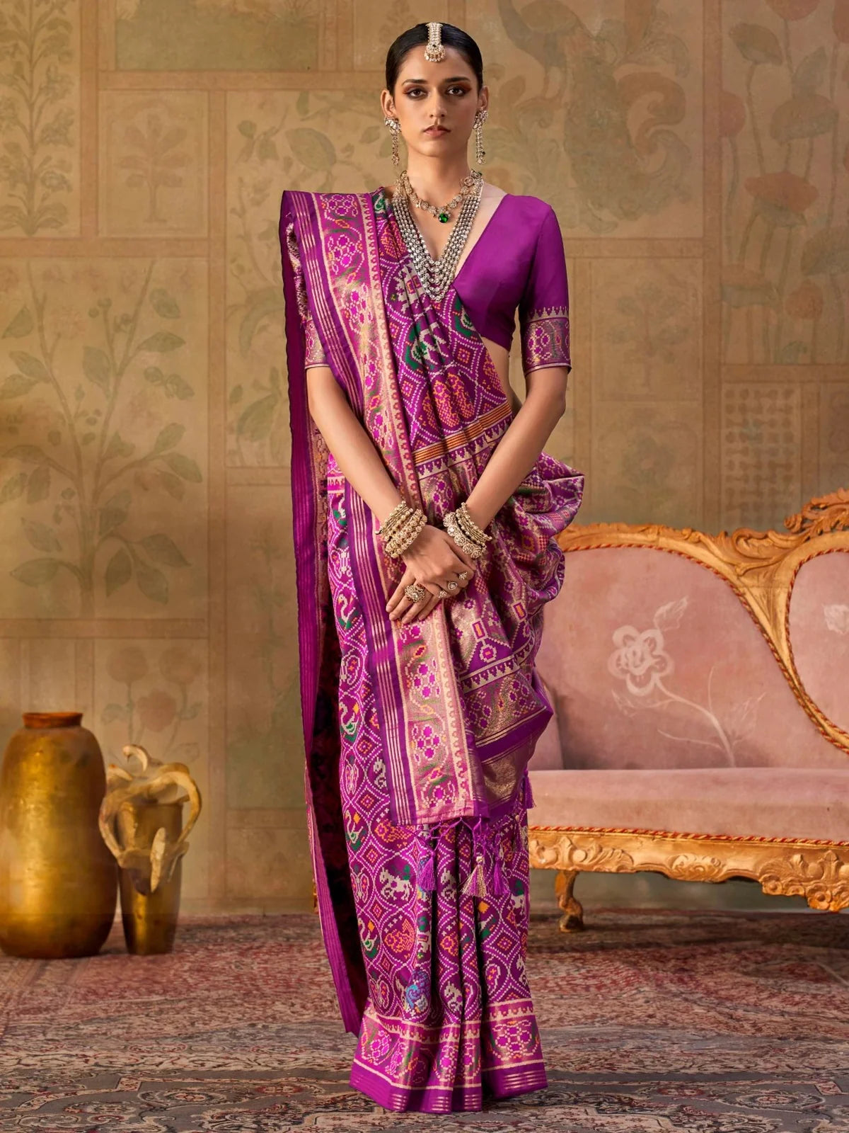 Tarani superior soft WPV silk purple Patola weave saree front view