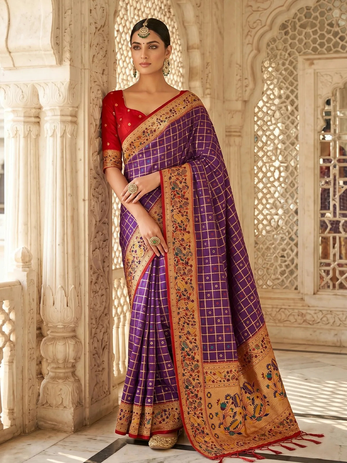 Tarani Kunjika purple Banarasi silk saree front pose with elegant zari checks