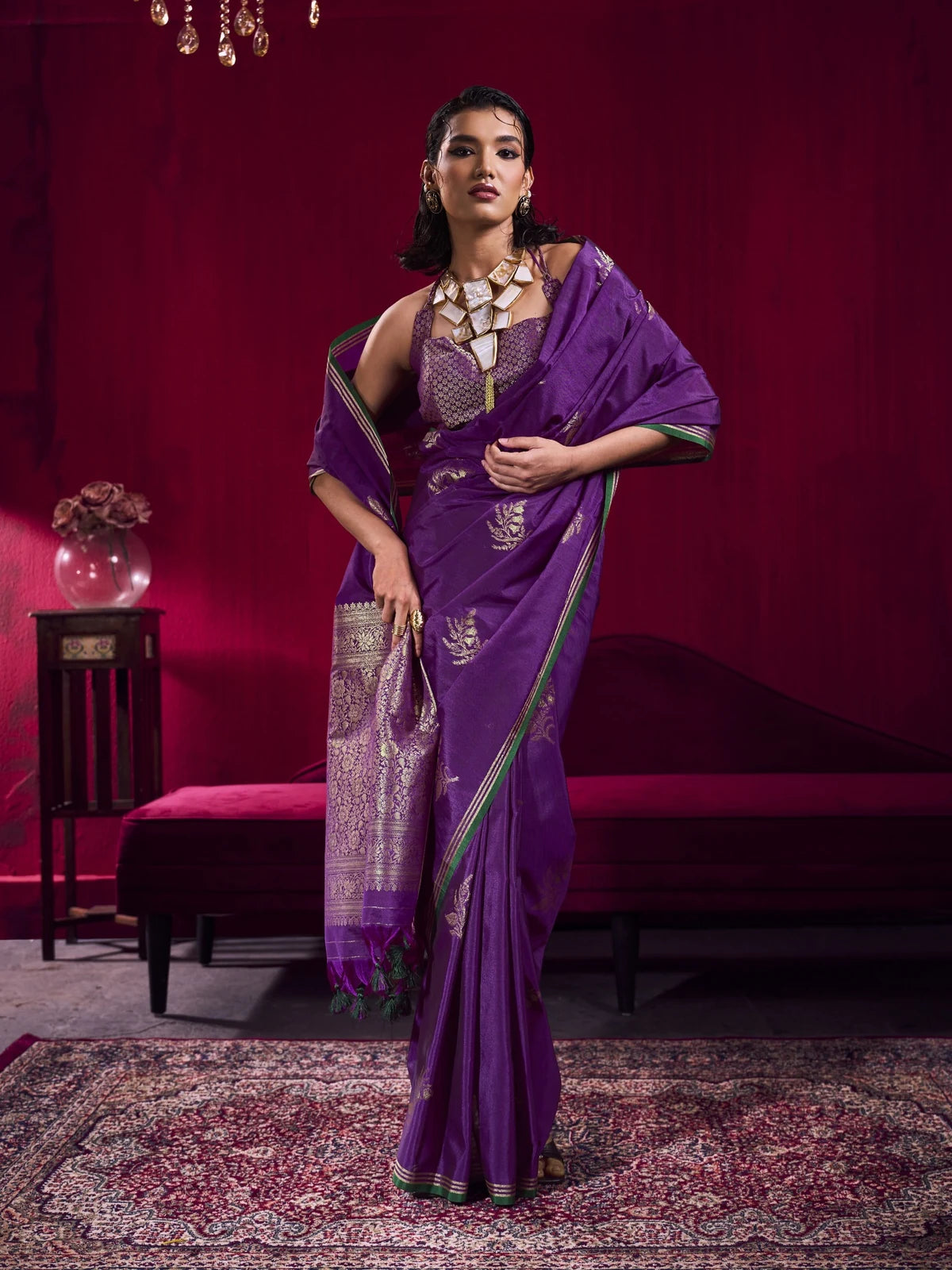 Tarani purple woven party wear saree front view with elegant zari border and rich pallu