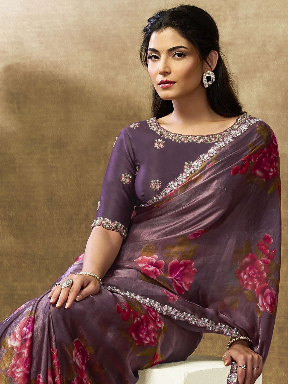 Tarani purple floral satin silk saree front portrait view with sequins and pearl work Shrinidhi