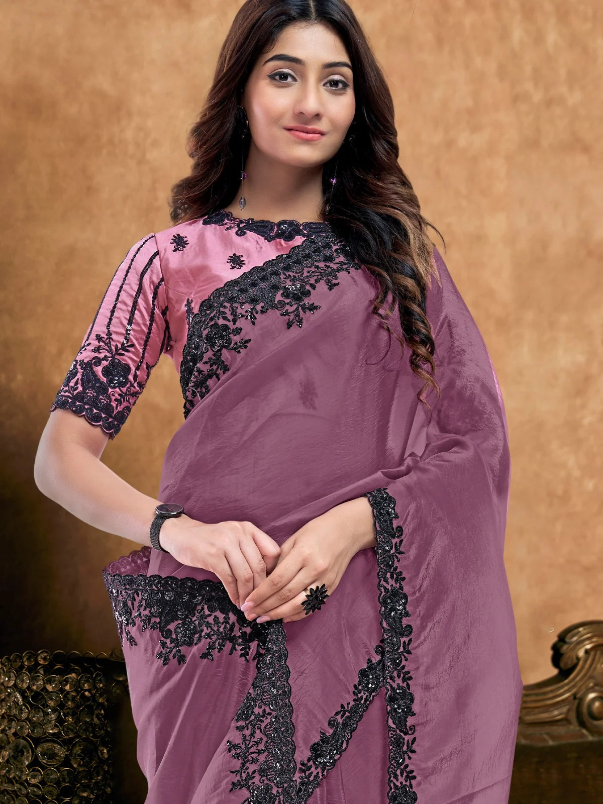 Tarani Lekhika purple saree front view with elegant embellished border and designer blouse