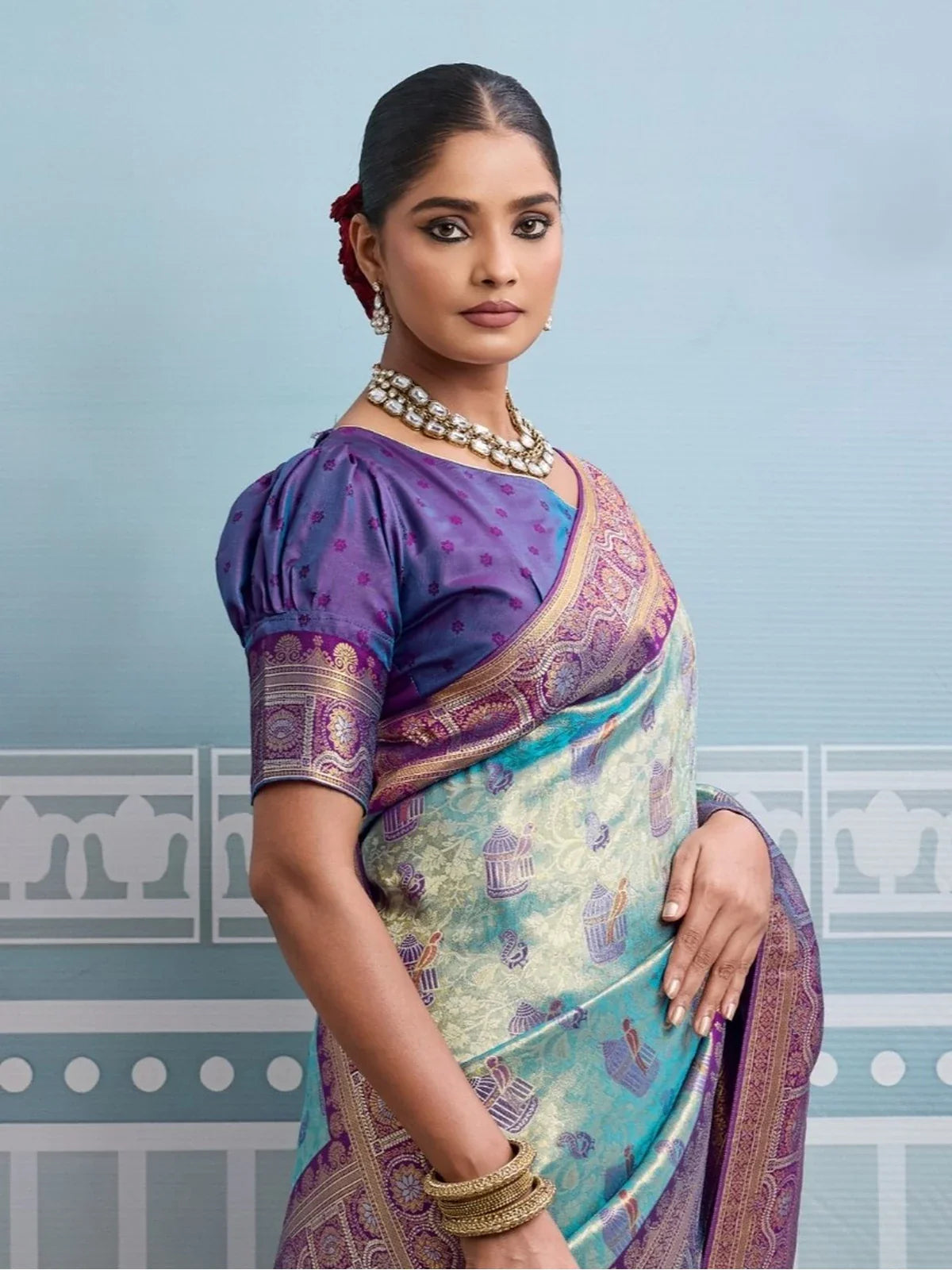 Tarani purple silk saree front view showcasing zari weaving and rich pallu design