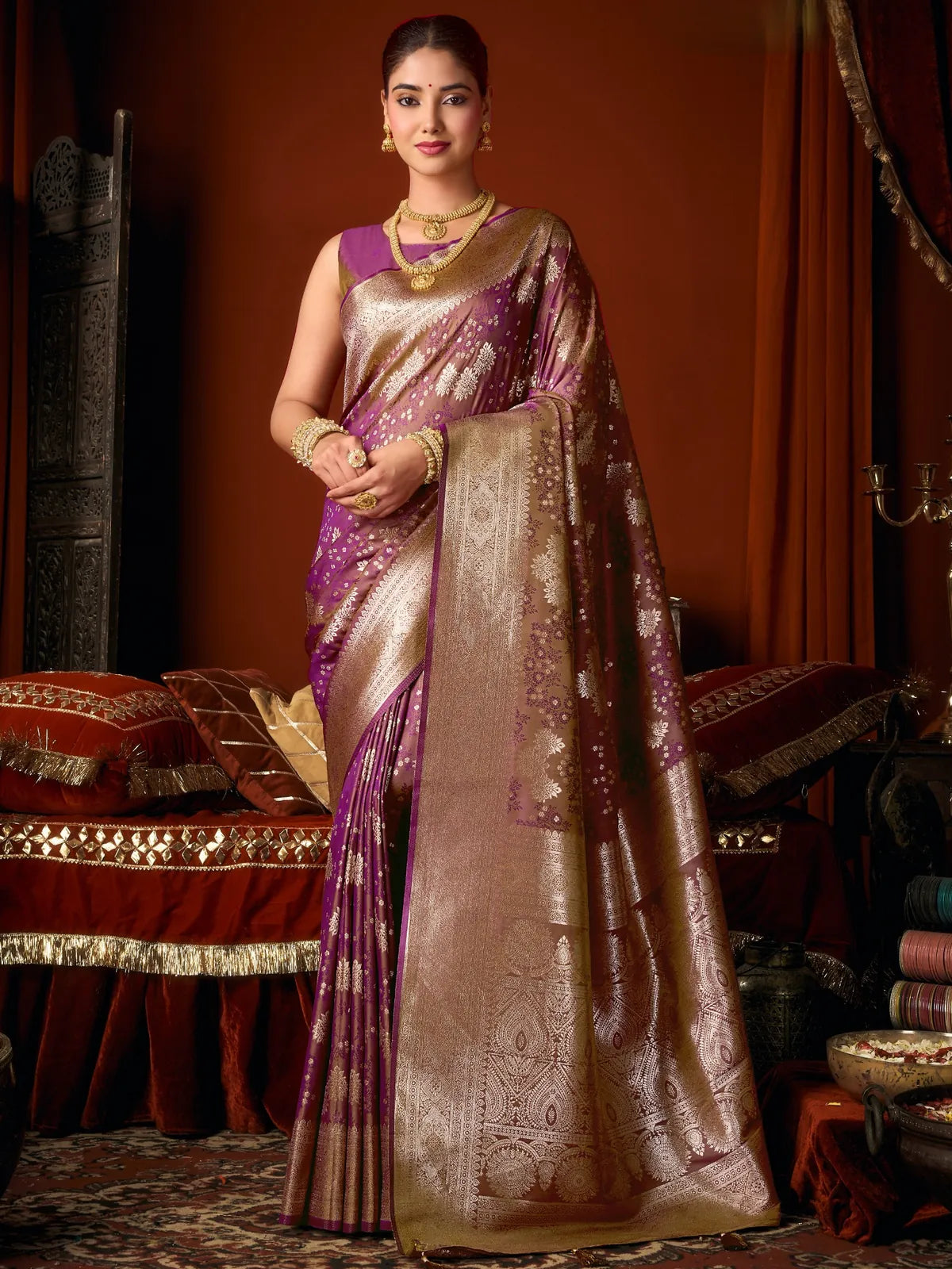 Tarani premium purple jacquard soft silk saree with rich zari weaving full view