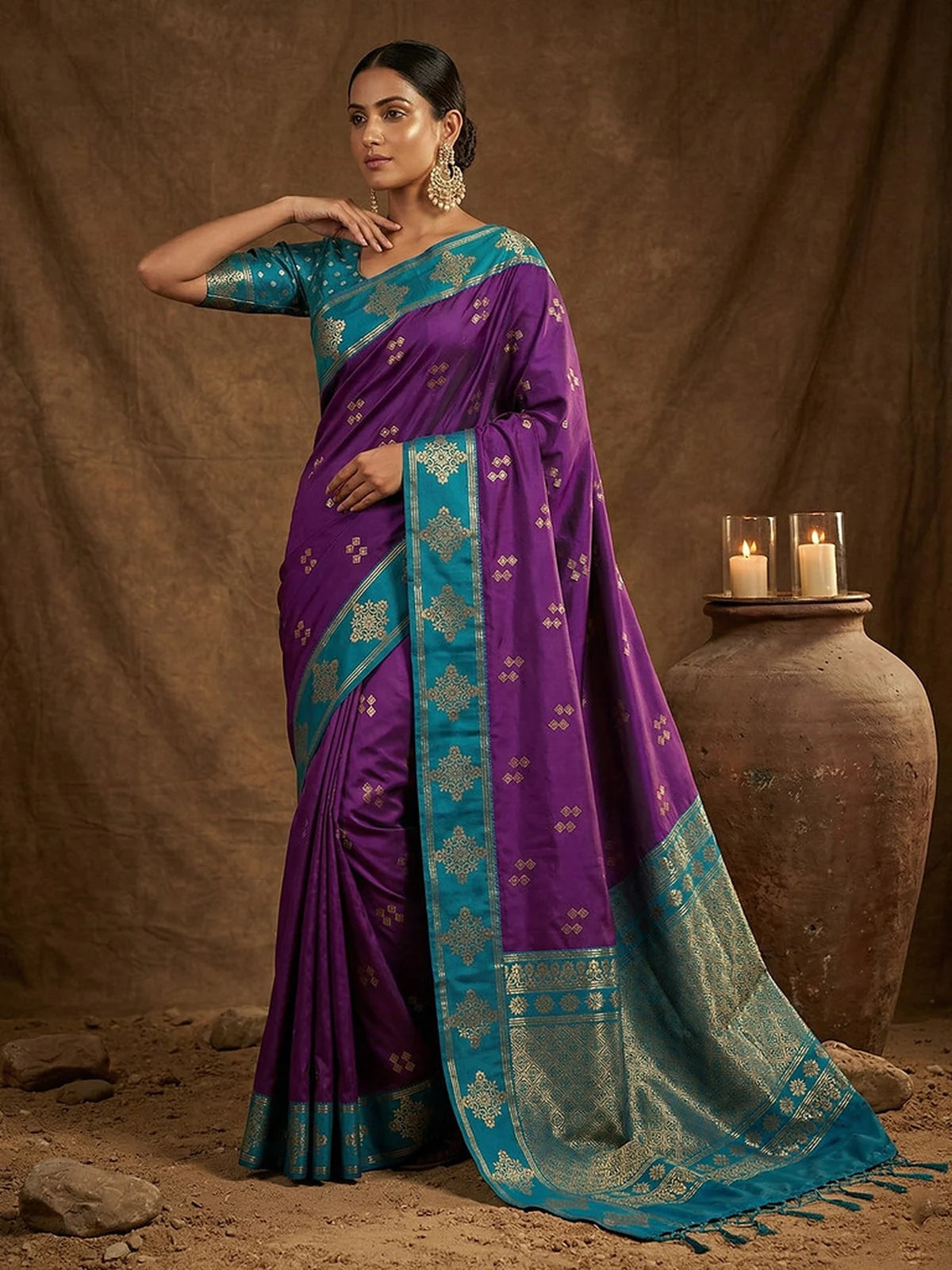 Tarani purple soft silk saree with teal zari border full view for wedding and festive wear