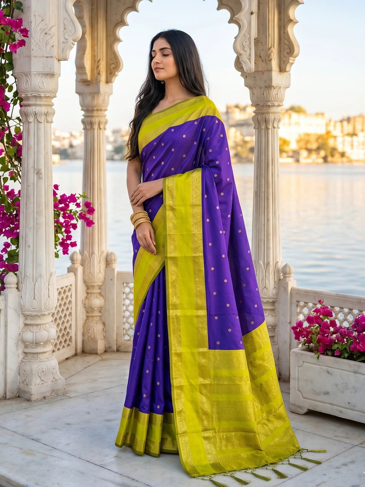 Tarani purple soft silk saree with zari border full view for festive and party wear