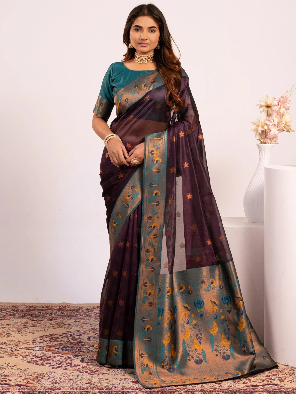 Tarani premium soft tissue silk purple Paithani saree full front view with zari woven pallu