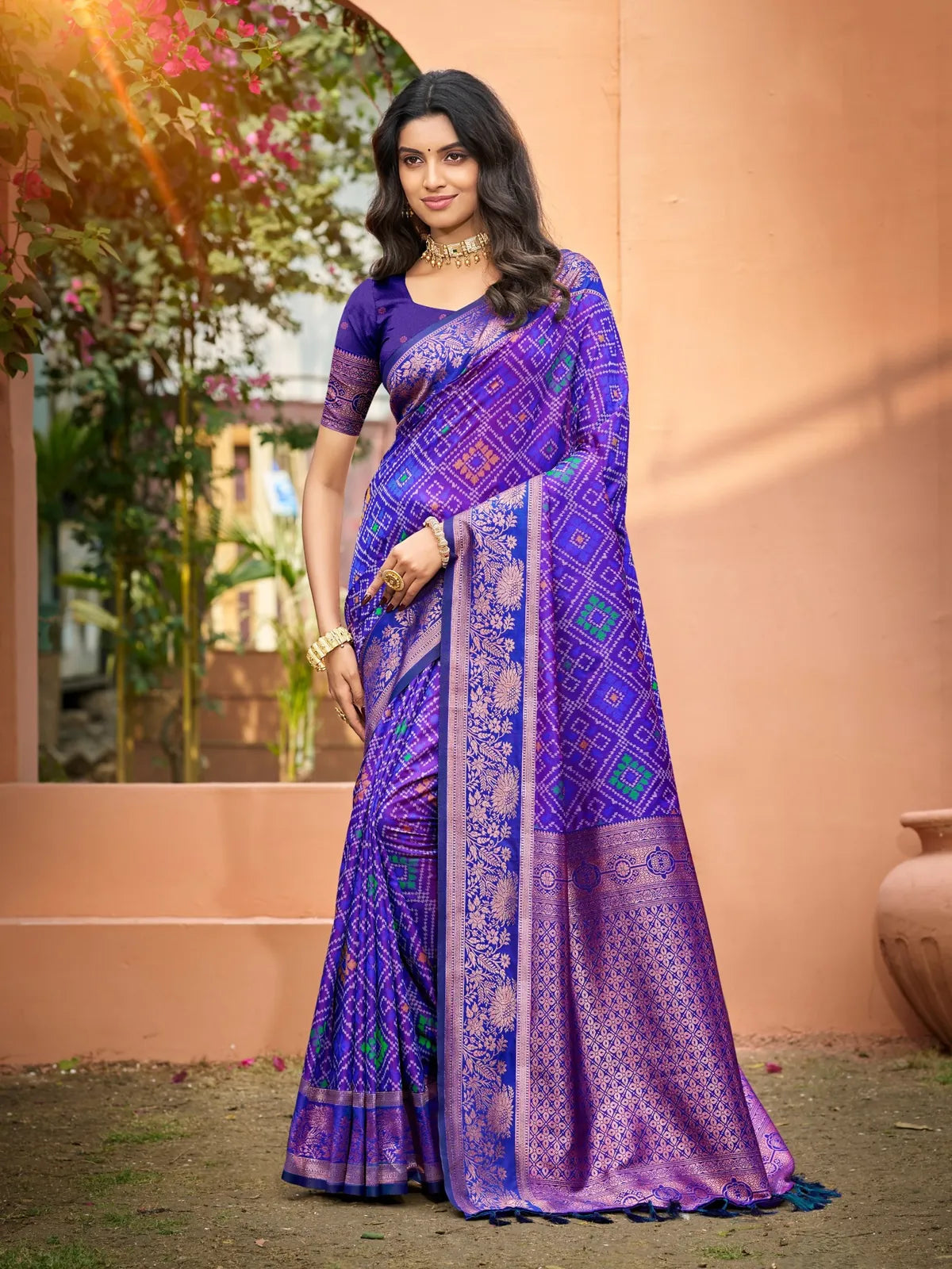 Tarani purple soft silk saree with weaving work full view for wedding and festive wear