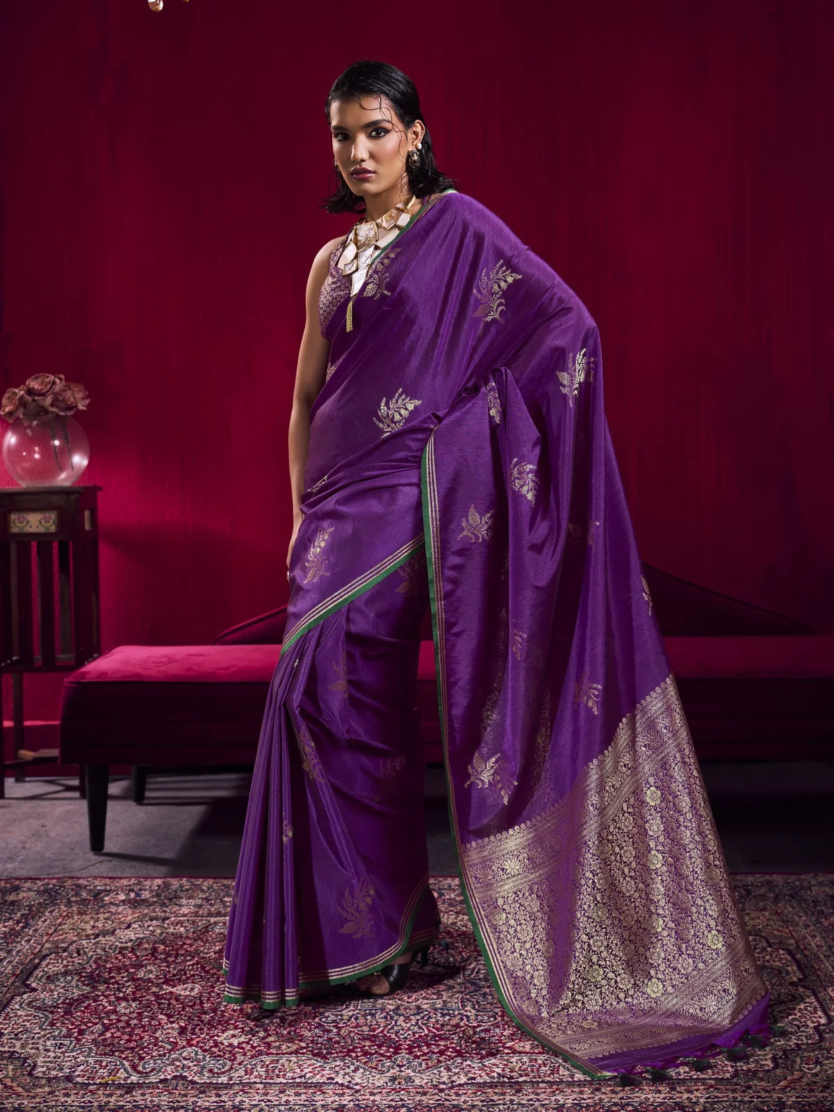 Tarani purple satin linen handloom weaving silk saree full view with woven zari pallu for festive wear