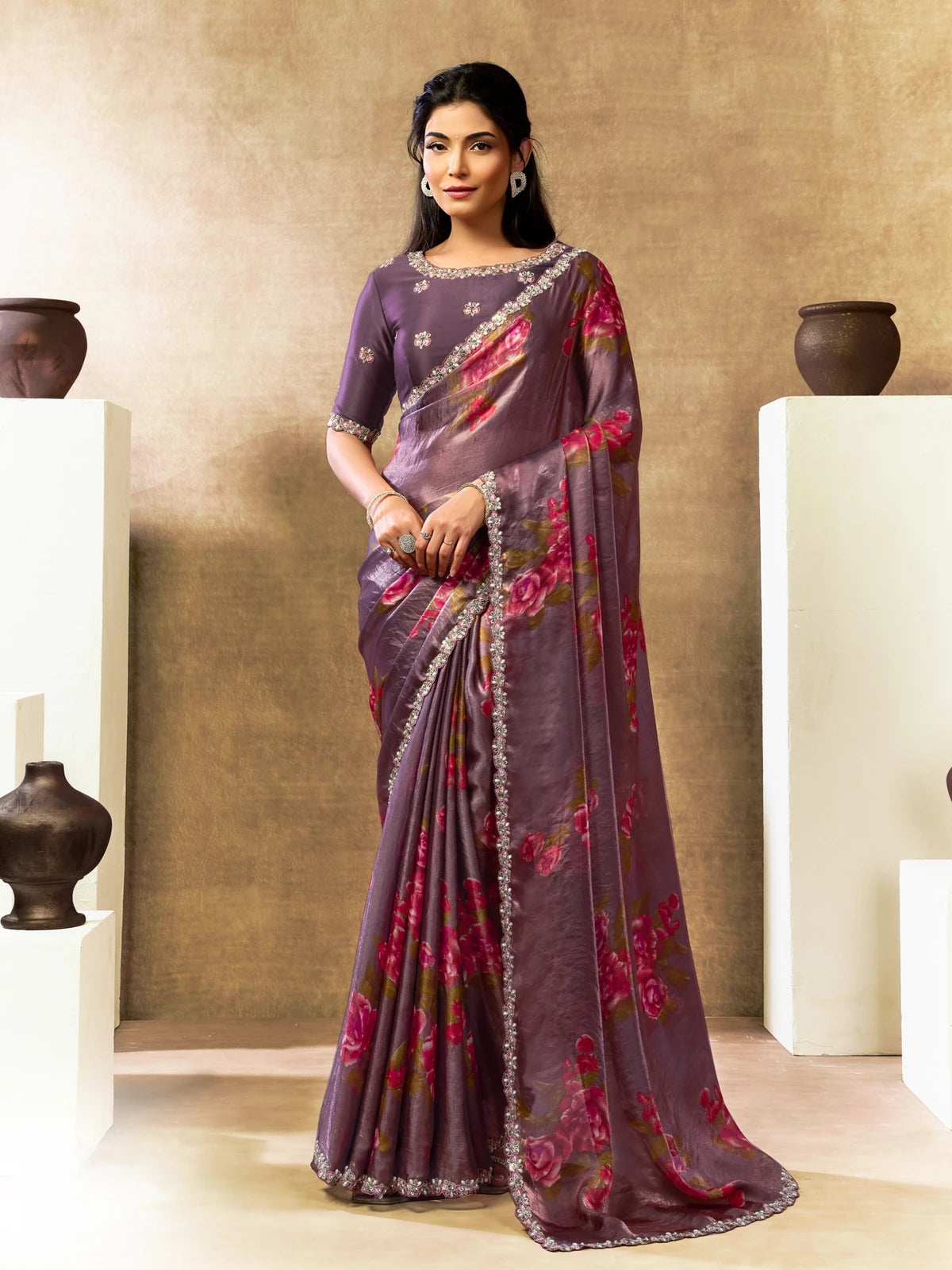 Tarani purple two tone satin silk saree with floral digital print embroidery and pearl work full view Shrinidhi