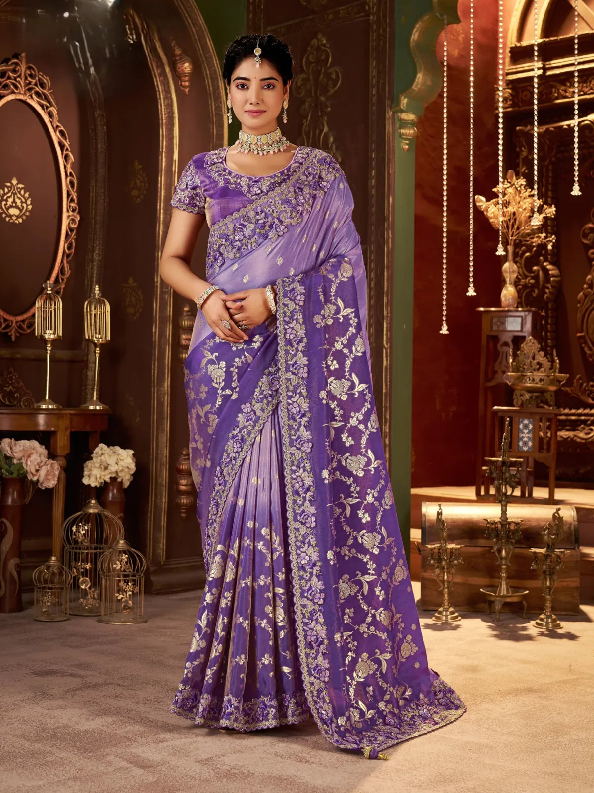 Tarani purple silk saree with heavy zari embroidery and latkan pallu full view