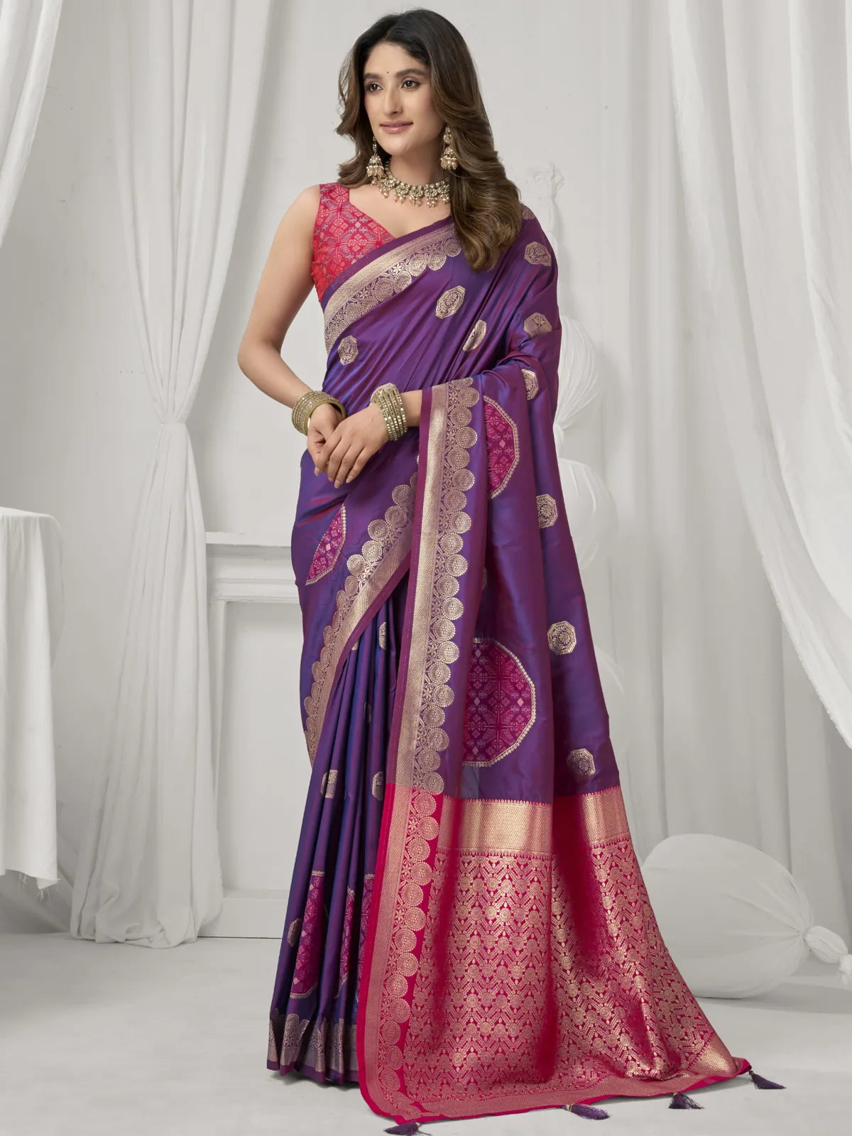 Tarani purple silk saree with golden zari and traditional motifs front full view