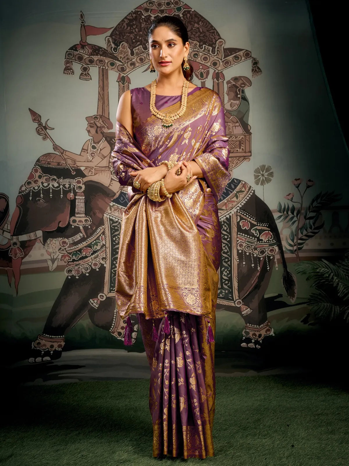 Tarani premium purple zari woven silk saree full view for festive and party wear