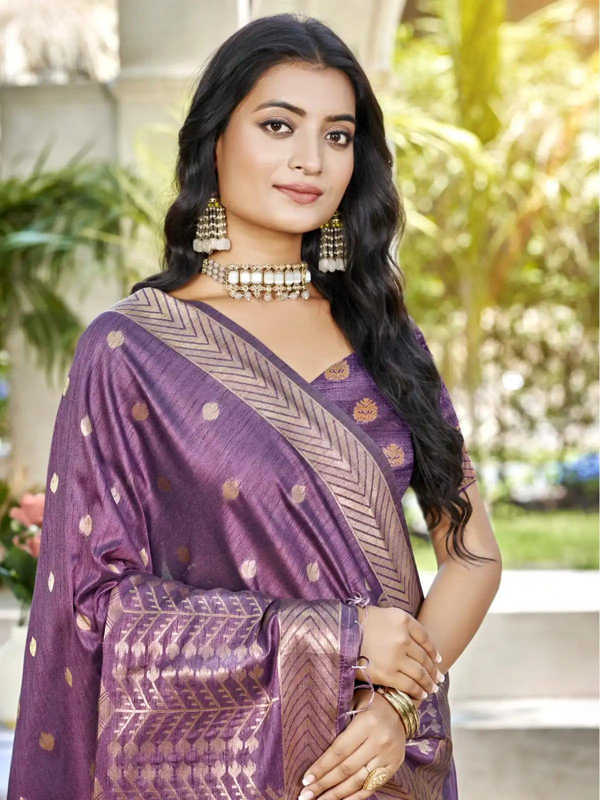 Tarani purple Assam silk saree upper body view with elegant drape