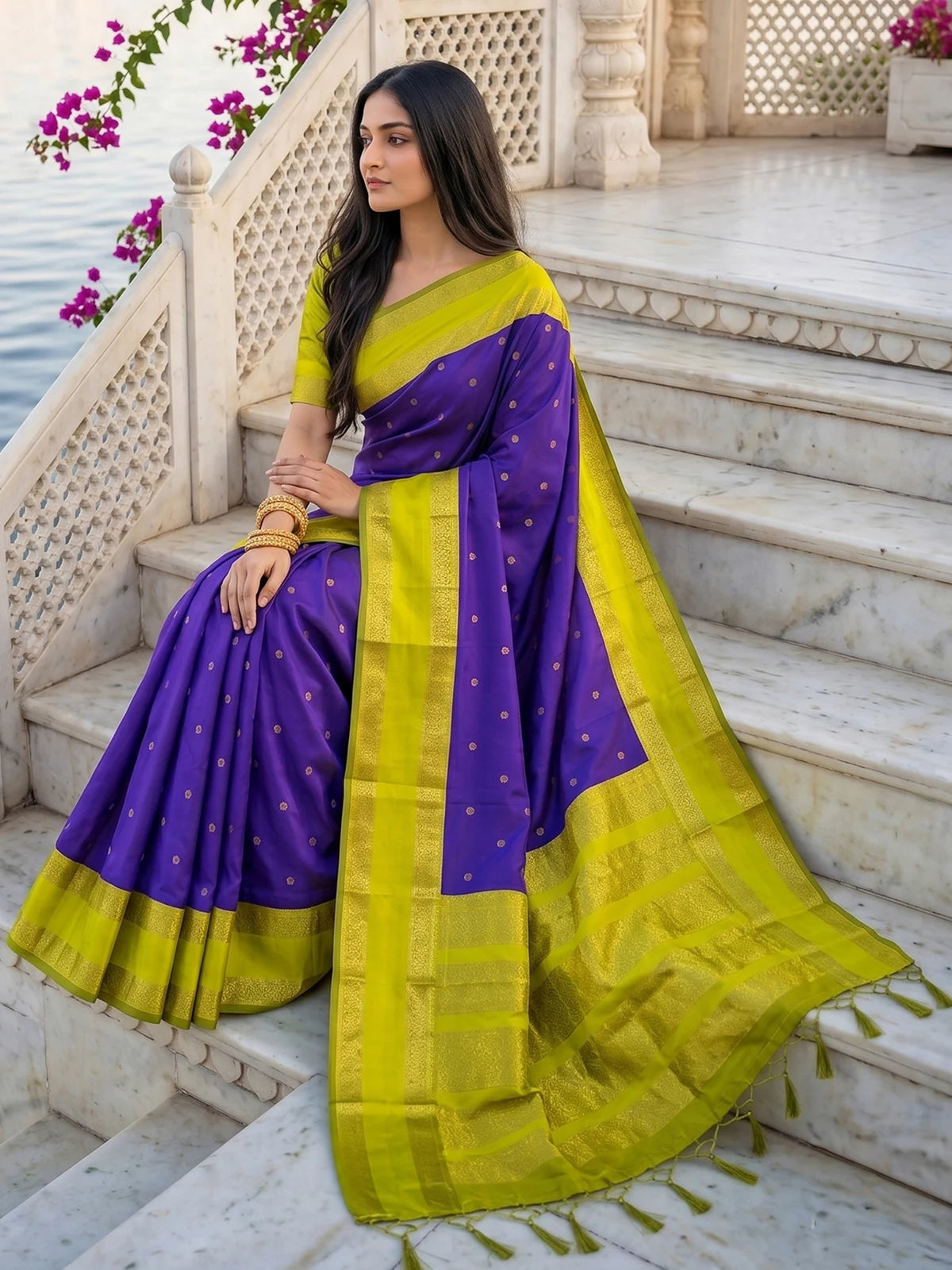 Tarani purple soft silk saree pallu view with rich zari work and contrast border