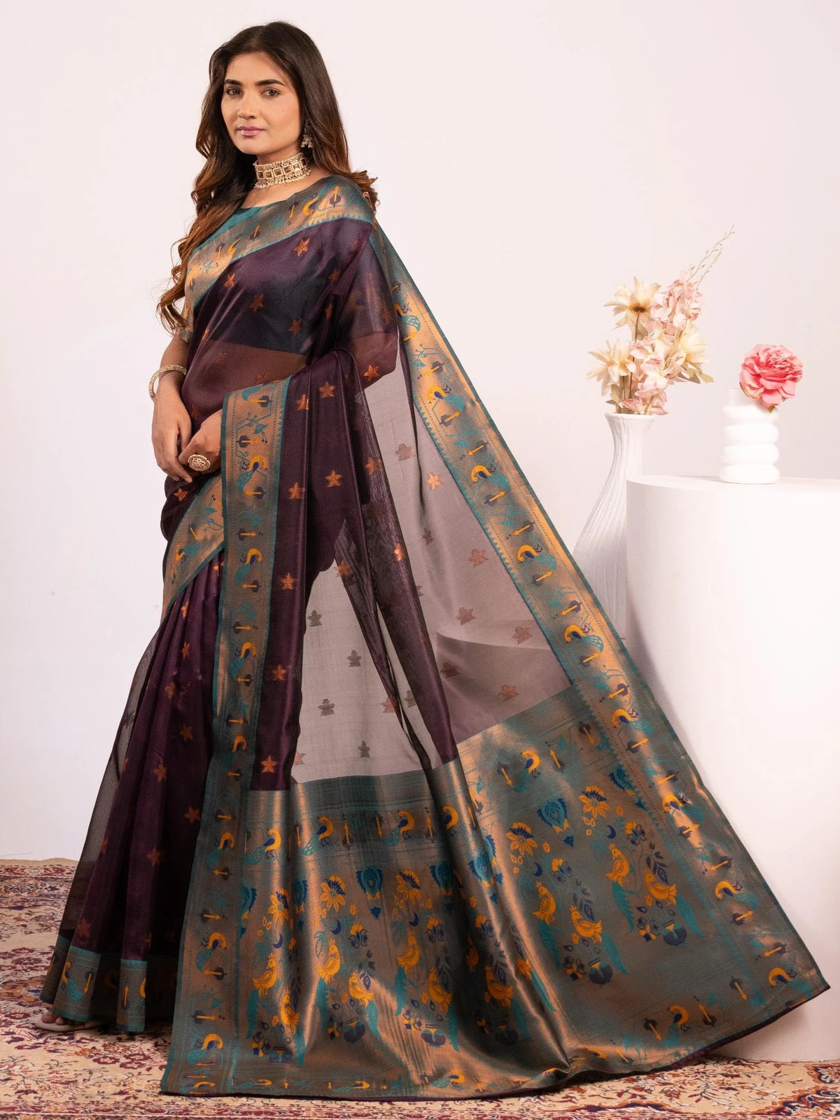 Tarani premium soft tissue silk purple Paithani saree pallu-view