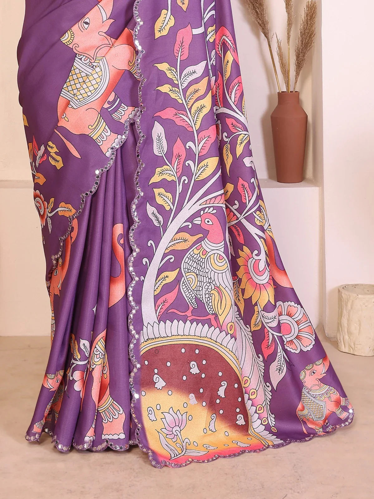Tarani purple saree with kalamkari digital pallu and mirror scallop border