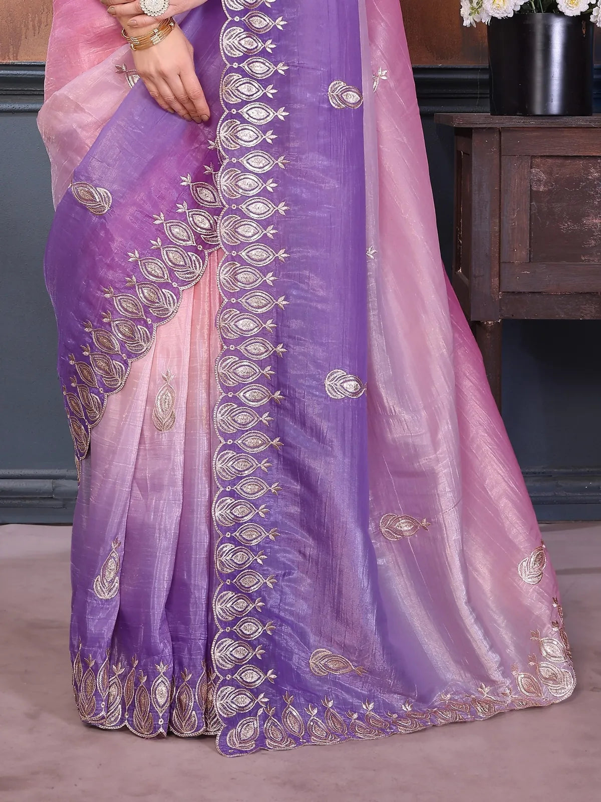 Tarani soft ombre saree pallu in gold crush silk with embroidery details