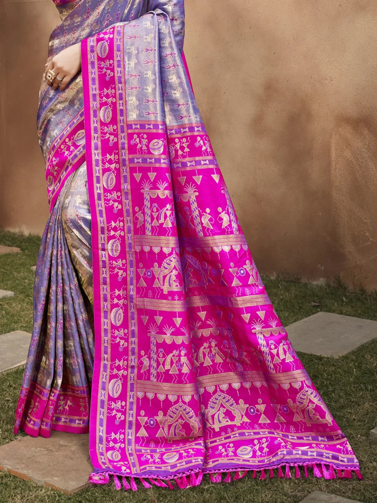 Tarani purple kanjivaram silk saree with pink pallu and intricate zari border