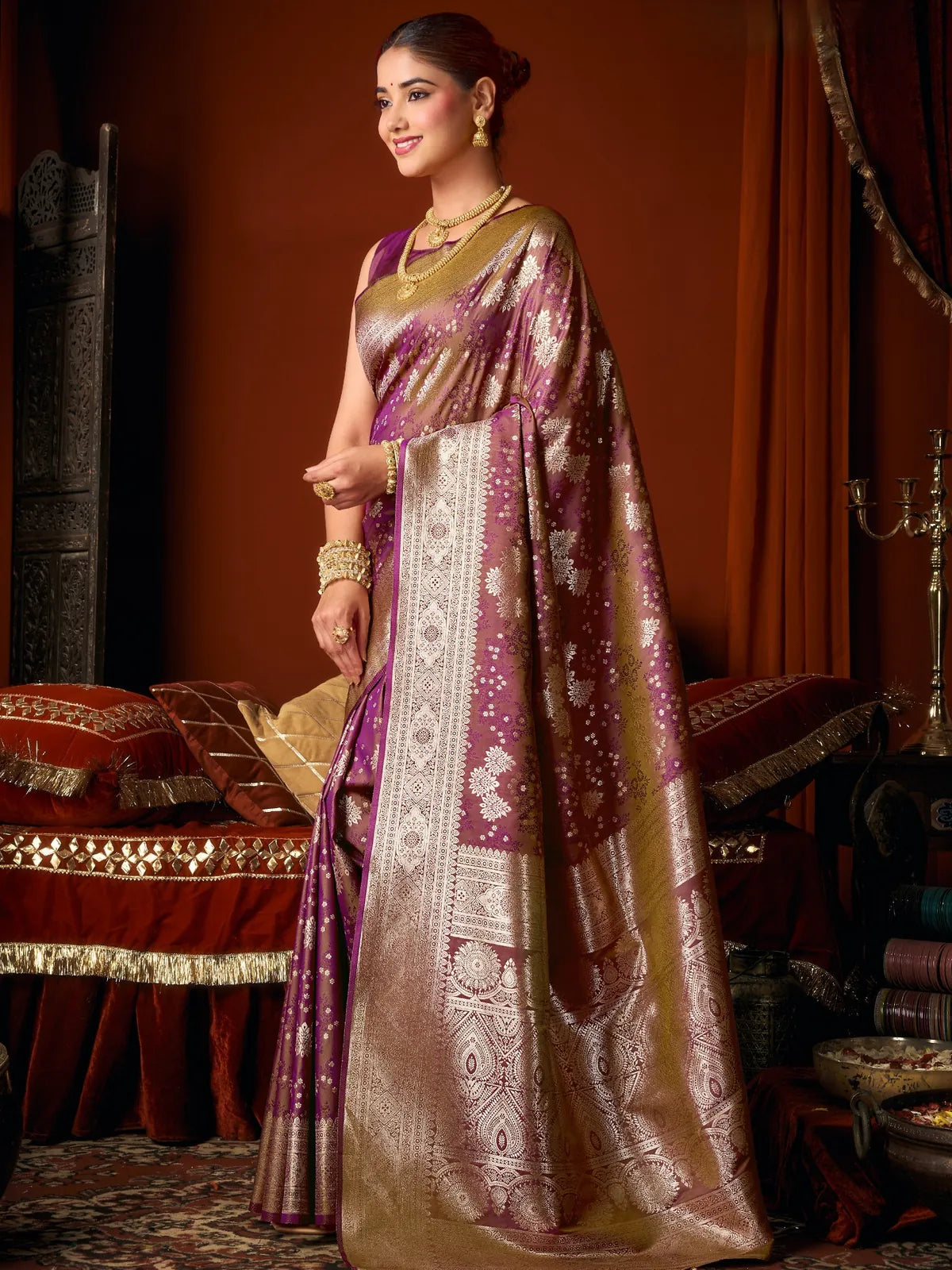 Tarani premium purple jacquard soft silk saree with rich zari weaving side view