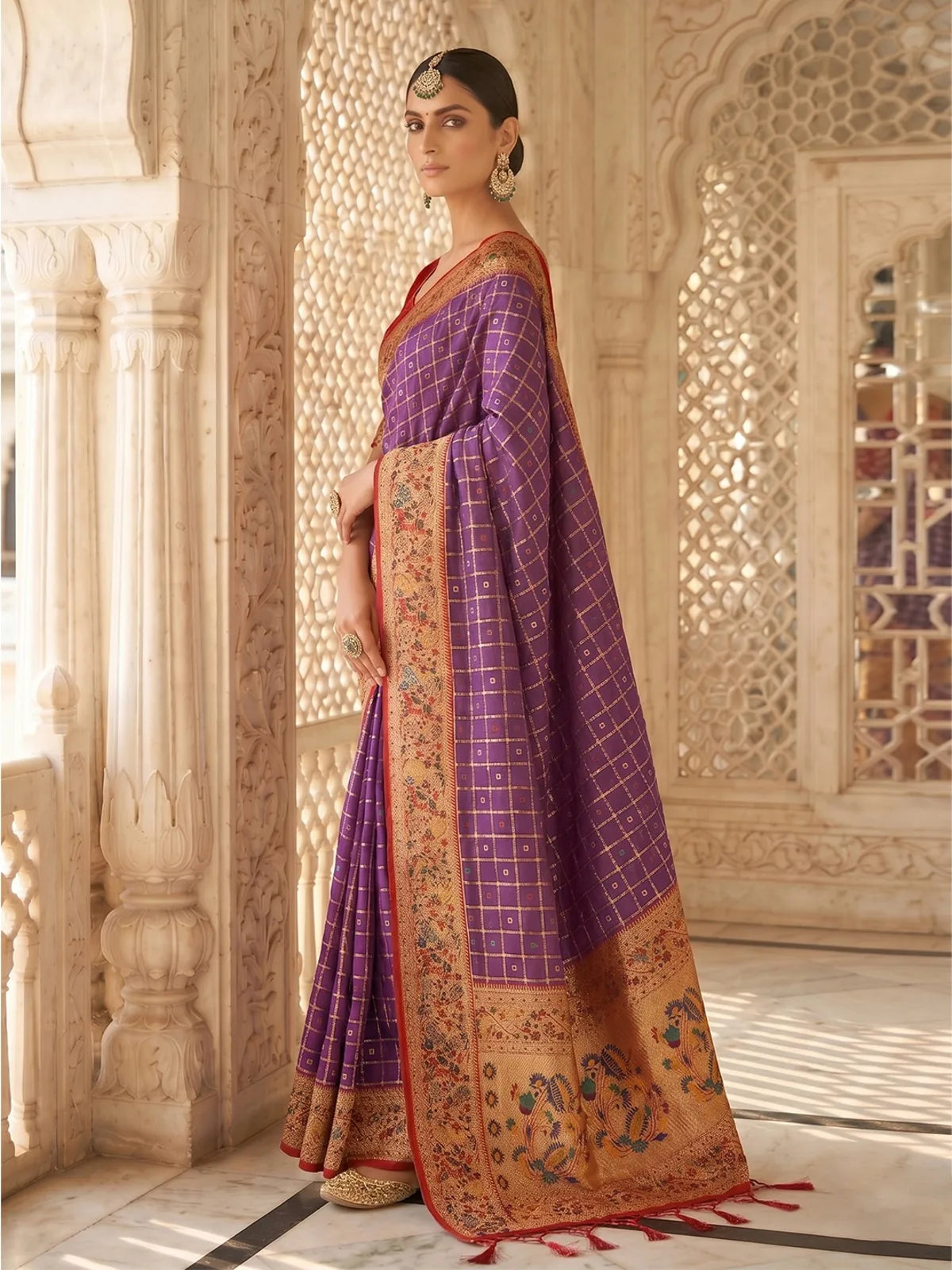 Tarani Kunjika purple Banarasi silk saree side view with woven floral border