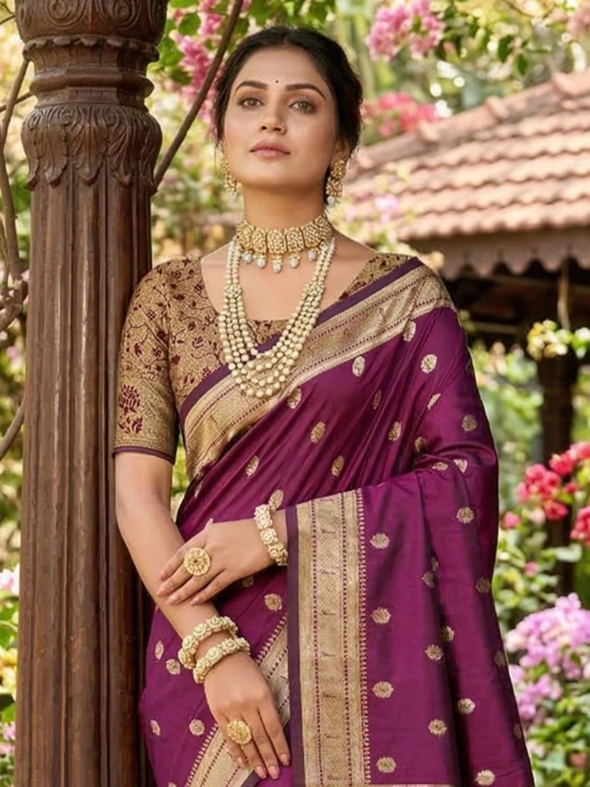 Tarani Ashwini purple soft silk saree upper body view with zari motifs and blouse detail