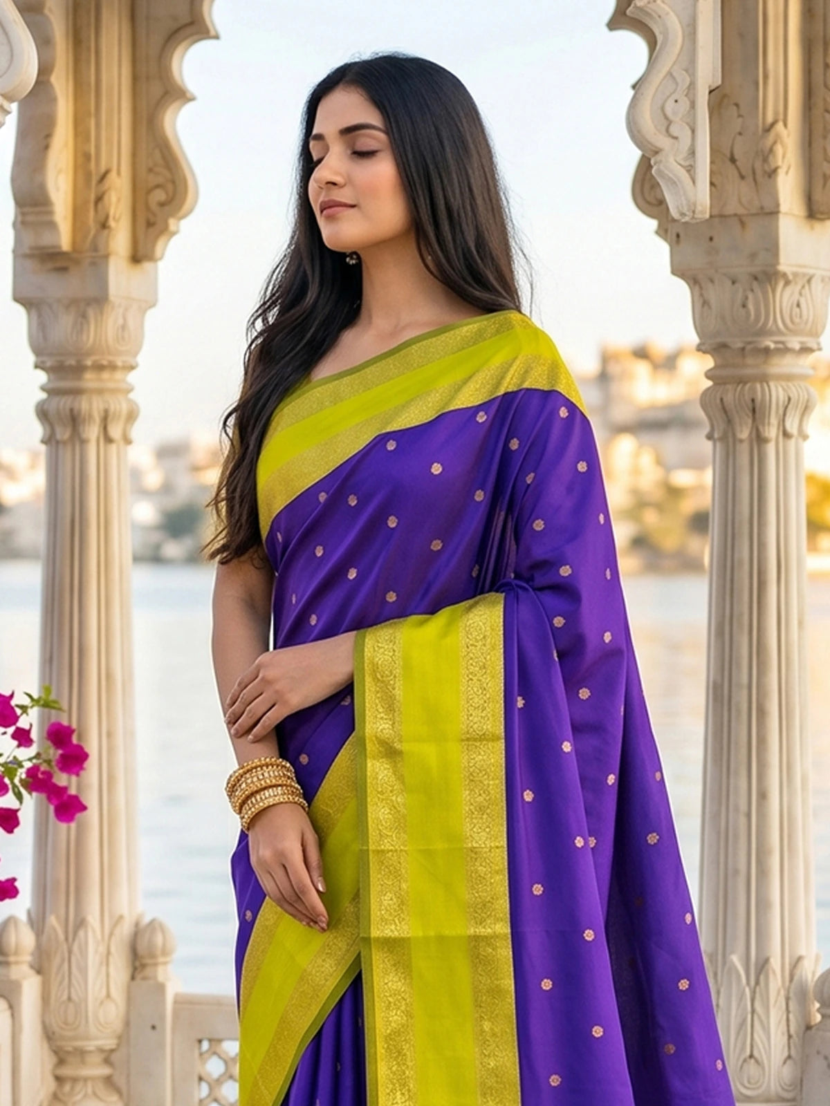 Tarani purple soft silk saree upper body view with zari woven border and elegant drape