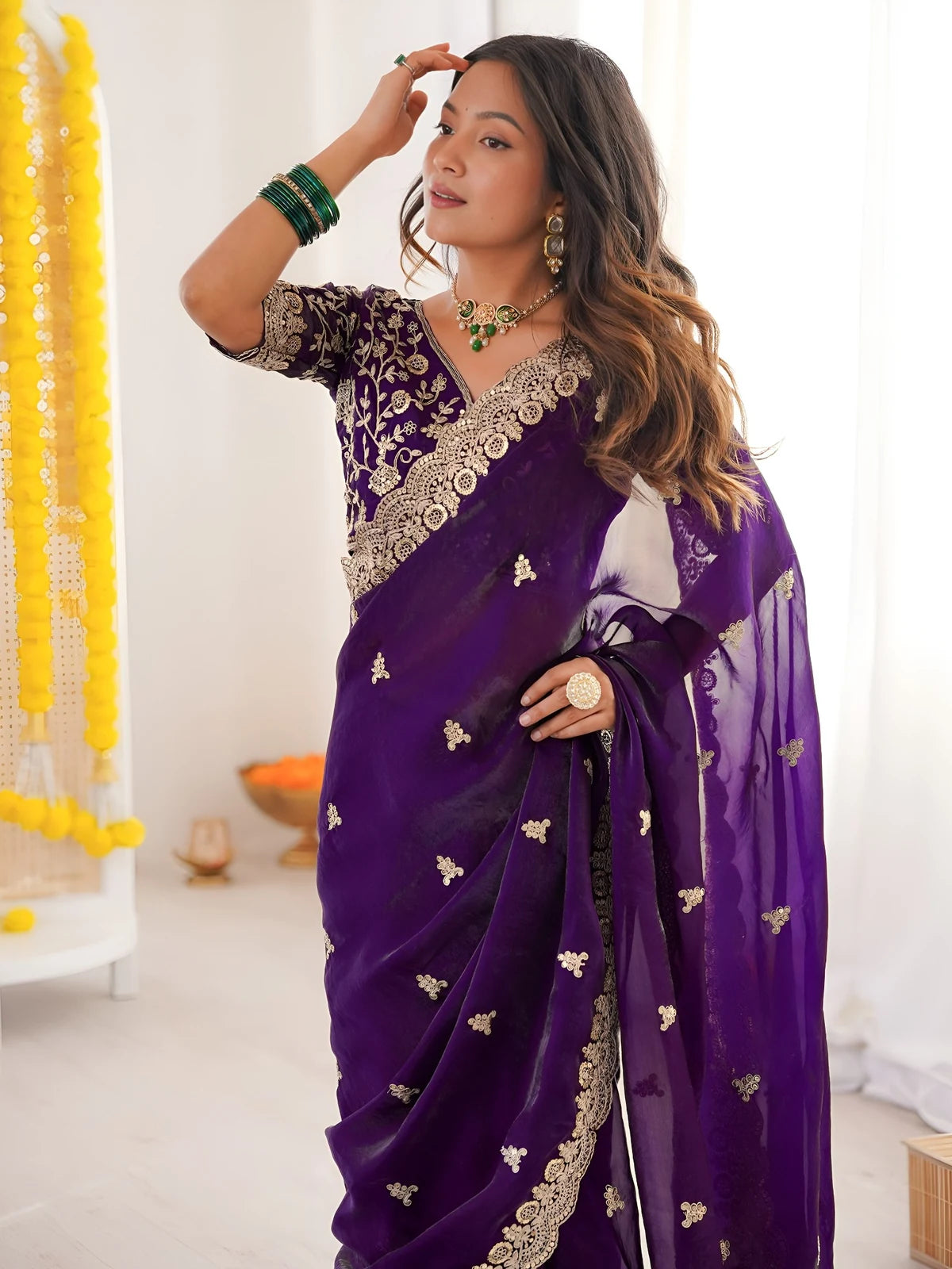 Tarani purple Fandy Satin Silk saree upper body view with embroidered blouse and elegant border detailing