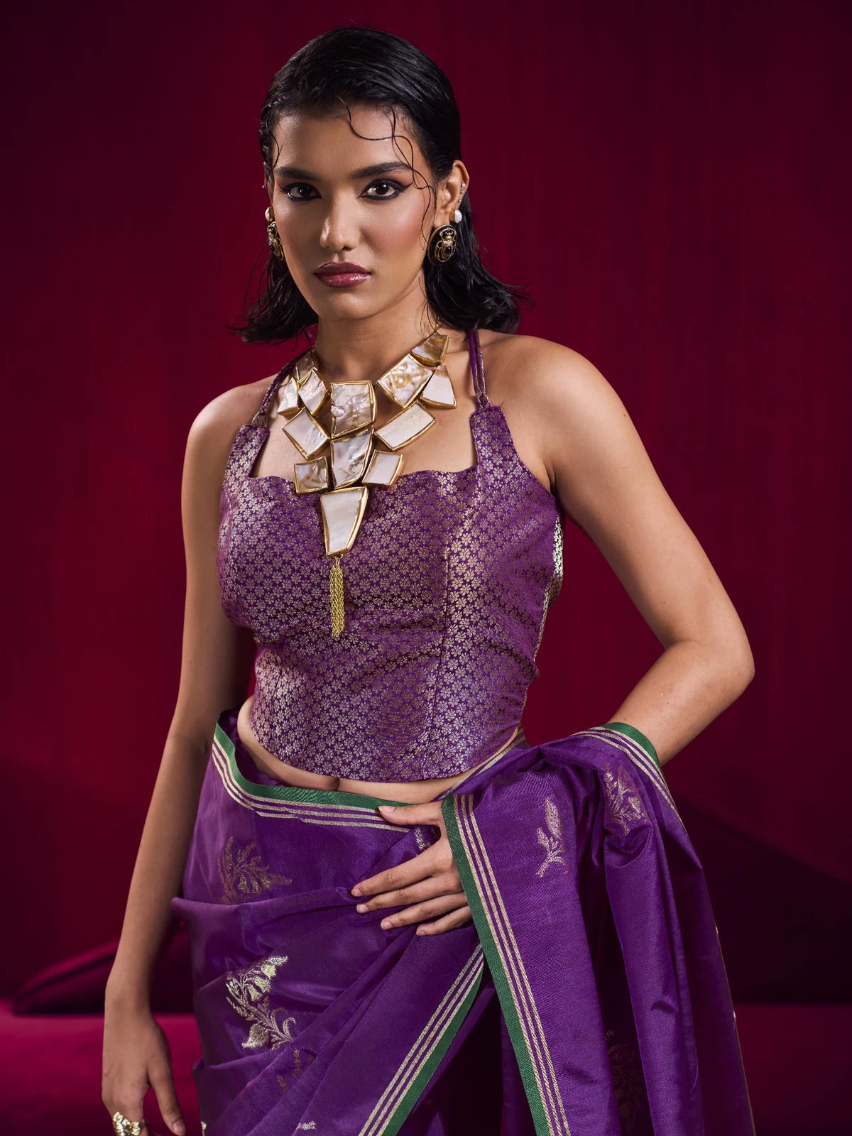Tarani purple satin linen handloom weaving silk saree upper body view with woven blouse design
