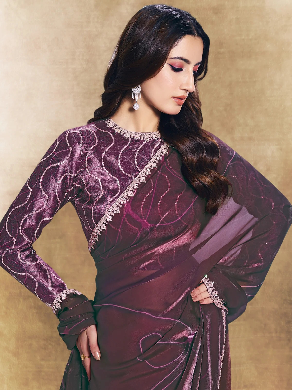 Tarani Archisha purple satin silk saree upper body view with sequins embroidery and stone work