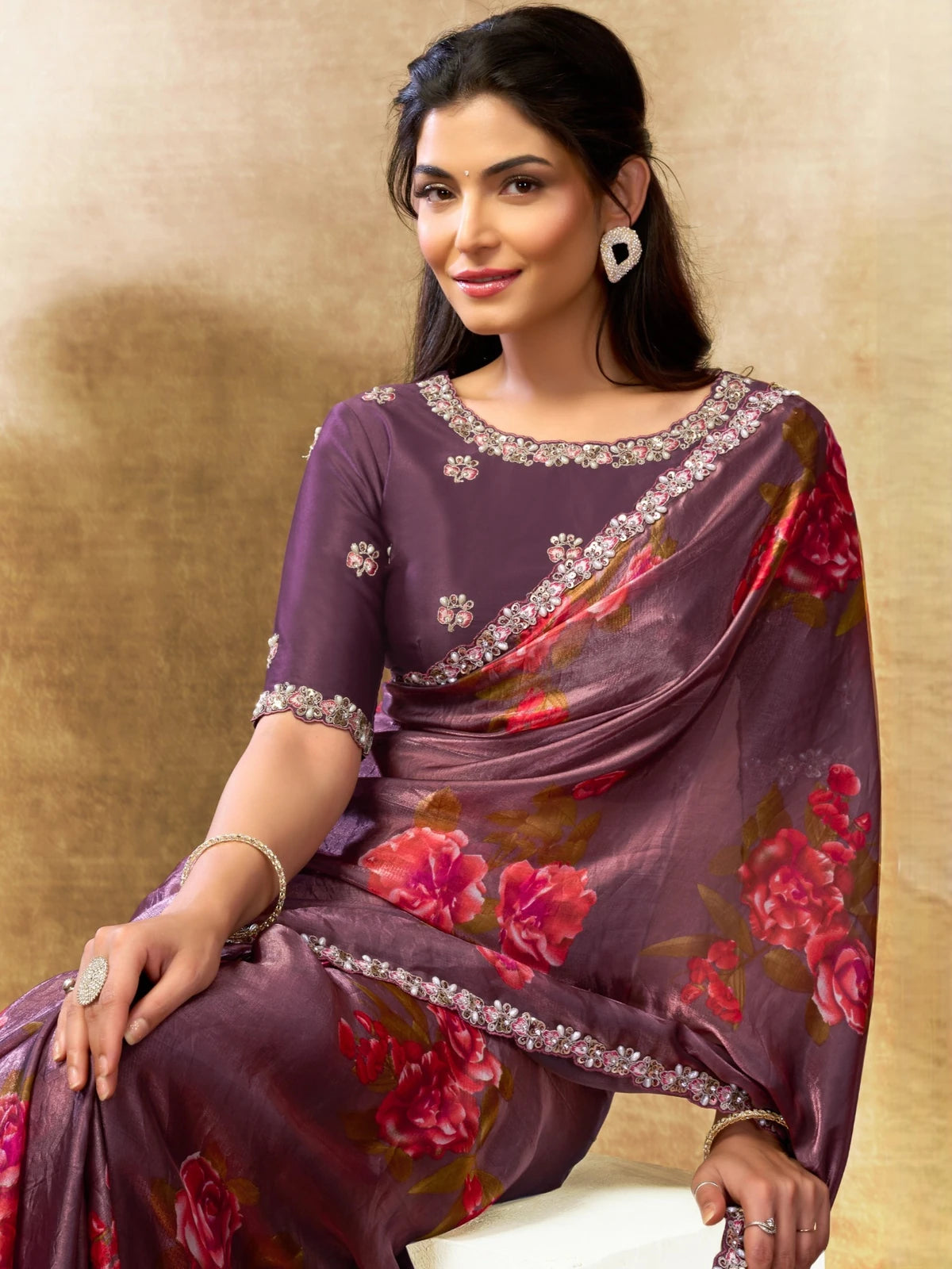 Tarani purple satin silk saree upper body view showing floral print and blouse embroidery Shrinidhi
