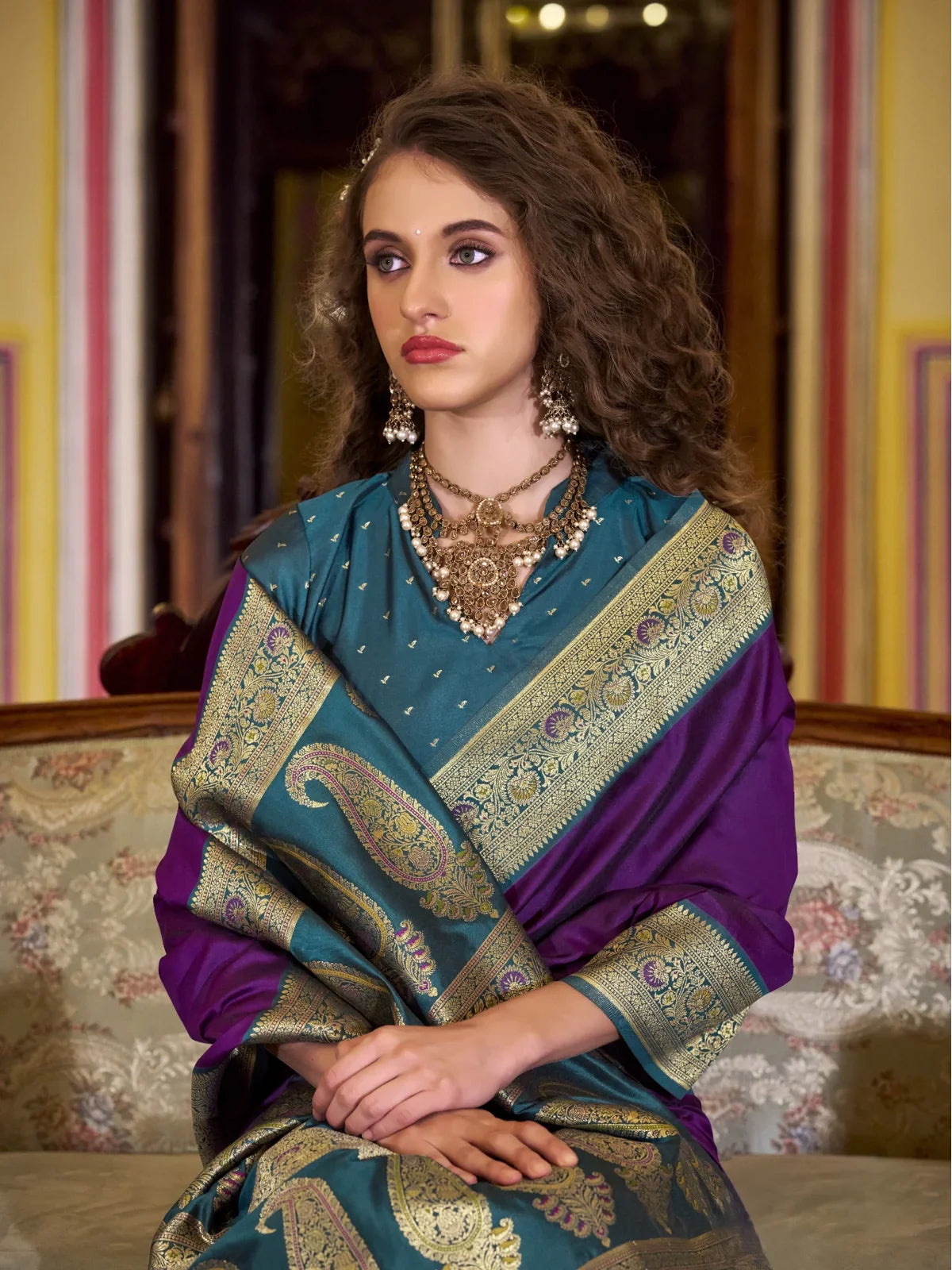 Tarani purple silk saree upper body view with jewelry styling and blouse detailing